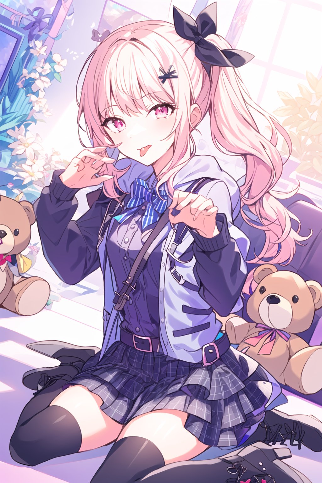 high quality, highly detailed, masterpiece, 1girl, stuffed_toy, stuffed_animal, picture_frame, pink_hair, shoulder_cutout, skirt, bow, thigh_strap, pink_eyes, leg_warmers, teddy_bear, long_sleeves, purple_theme, frills, pink_theme, looking_at_viewer, hair_bow, heart, bag, backpack, frilled_skirt, solo, side_ponytail, smile, bangs, long_hair, boots, indoors, clothing_cutout, shirt, hair_ornament, plaid, thighhighs, hood, heart_hair_ornament, plaid_skirt, sticker, ribbon, striped, black_bow, purple_skirt, black_footwear, cross-laced_clothes, claw_pose, layered_skirt, sidelocks, hoodie, full_body, tongue, purple_footwear, black_skirt, tongue_out, single_thighhigh, open_mouth, purple_belt, official_alternate_costume,mizuki_akiyama