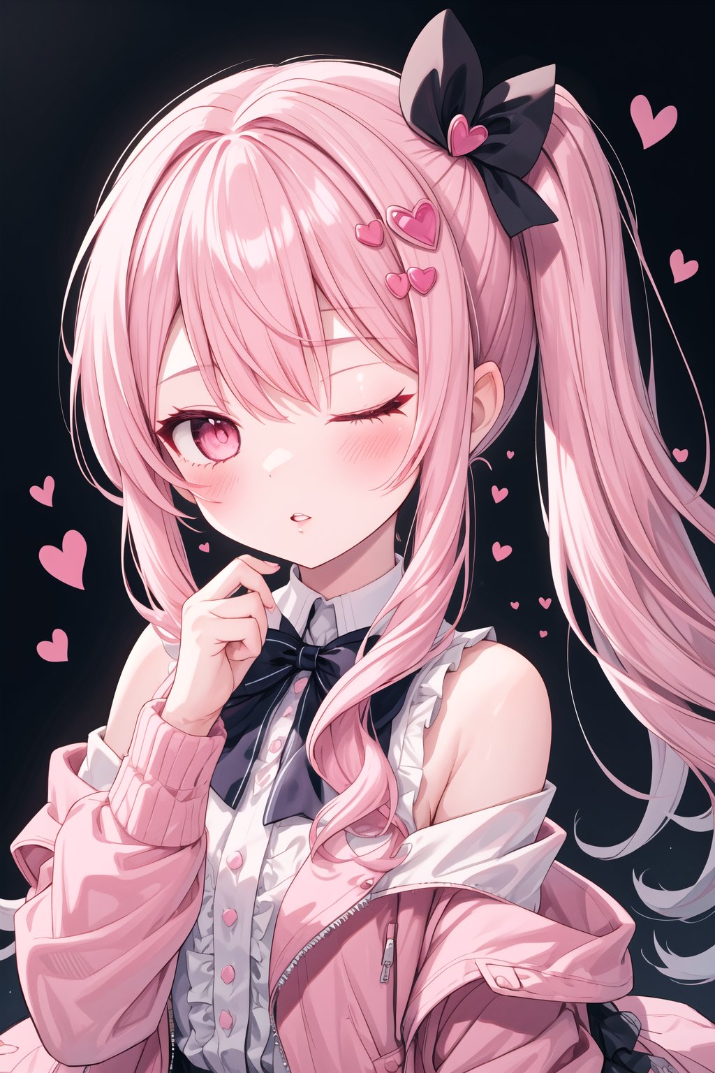 1girl, one_eye_closed, pink_hair, pink_eyes, side_ponytail, pink_jacket, heart, frills, jacket, bow, long_hair, looking_at_viewer, hair_ornament, long_sleeves, bangs, sidelocks, solo, ribbon, blush, upper_body, off_shoulder, hair_bow, heart_hair_ornament, sleeveless, dress, parted_lips, shirt, bride,mizuki_akiyama