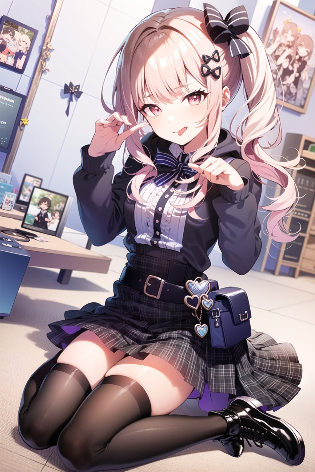 high quality, highly detailed, masterpiece, 1girl, stuffed_toy, stuffed_animal, picture_frame, pink_hair, shoulder_cutout, skirt, bow, thigh_strap, pink_eyes, leg_warmers, teddy_bear, long_sleeves, purple_theme, frills, pink_theme, looking_at_viewer, hair_bow, heart, bag, backpack, frilled_skirt, solo, side_ponytail, smile, bangs, long_hair, boots, indoors, clothing_cutout, shirt, hair_ornament, plaid, thighhighs, hood, heart_hair_ornament, plaid_skirt, sticker, ribbon, striped, black_bow, purple_skirt, black_footwear, cross-laced_clothes, claw_pose, layered_skirt, sidelocks, hoodie, full_body, tongue, purple_footwear, black_skirt, tongue_out, single_thighhigh, open_mouth, purple_belt, official_alternate_costume,mizuki_akiyama