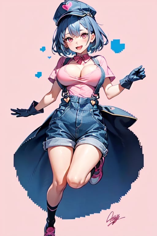 1girl, solo, breasts, looking at viewer, smile, short hair, open mouth, large breasts, shirt, gloves, hat, blue hair, full body, heart, shoes, socks, white gloves, signature, pink eyes, v, blue background, pink shirt, overalls,Pixel art,Pixel world,TwistedGrim,Emi