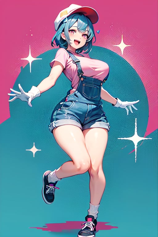 1girl, solo, breasts, looking at viewer, smile, short hair, open mouth, large breasts, shirt, gloves, hat, blue hair, full body, heart, shoes, socks, white gloves, signature, pink eyes, v, blue background, pink shirt, overalls,Pixel art,Pixel world,TwistedGrim,Emi