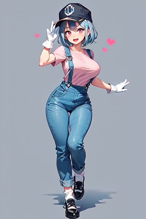 1girl, solo, breasts, looking at viewer, smile, short hair, open mouth, large breasts, shirt, gloves, hat, blue hair, full body, heart, shoes, socks, white gloves, signature, pink eyes, v, blue background, pink shirt, overalls,Pixel art,Pixel world,TwistedGrim,Emi