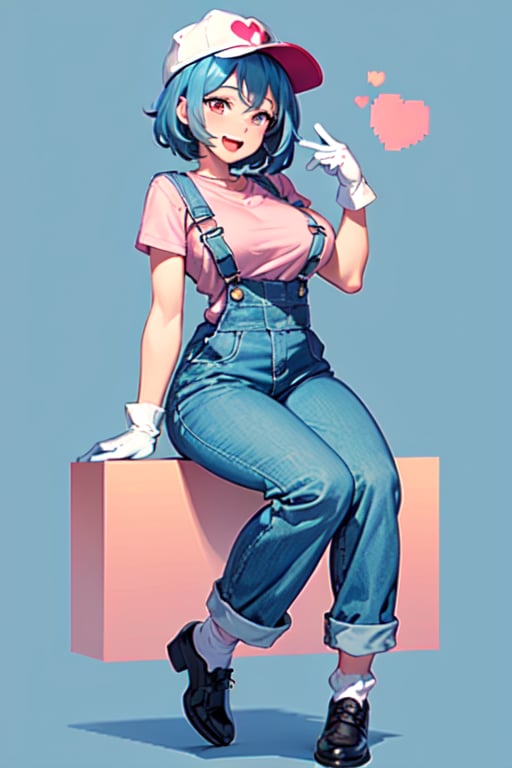 1girl, solo, breasts, looking at viewer, smile, short hair, open mouth, large breasts, shirt, gloves, hat, blue hair, full body, heart, shoes, socks, white gloves, signature, pink eyes, v, blue background, pink shirt, overalls,Pixel art,Pixel world,TwistedGrim,Emi