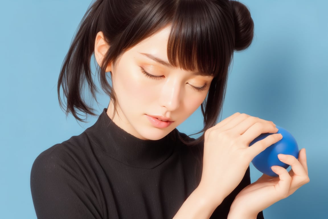 1girl, solo, black hair, long sleeves, holding, closed eyes, upper body, hair bun, blue background, single hair bun