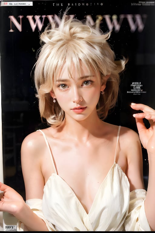 1girl, solo, upper body, white hair, lips, traditional media, reality, pop idol magazine, title font "New Lora Is Coming", attractive cover with beauty characters,jpop cover 80s