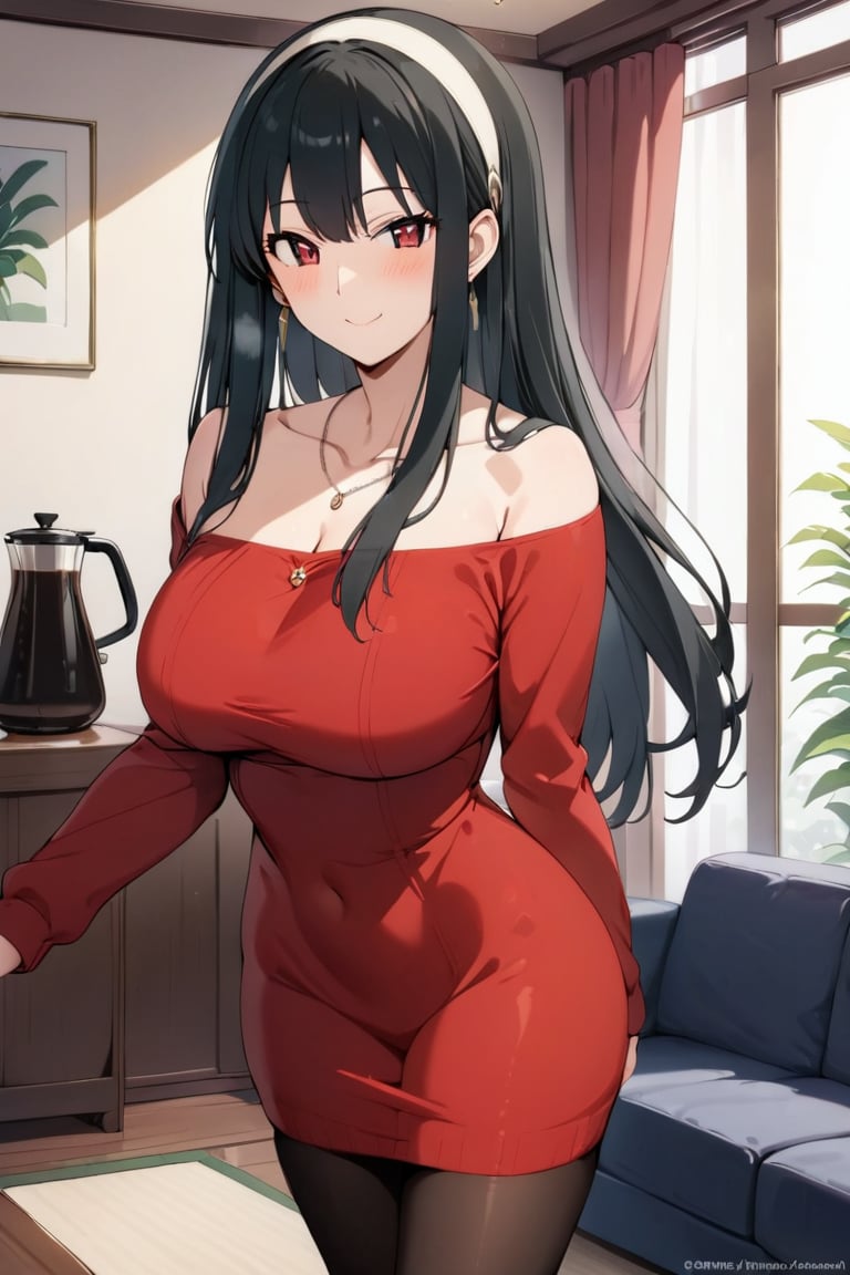  Brewing coffee , Red dress , pantyhose ,  living room , at home , Smile , 
 ( masterpiece , ultra Detailed   ) ,
Red eye, black hair, long hair   , hair band  , long sleeve , tight dress , necklace , 