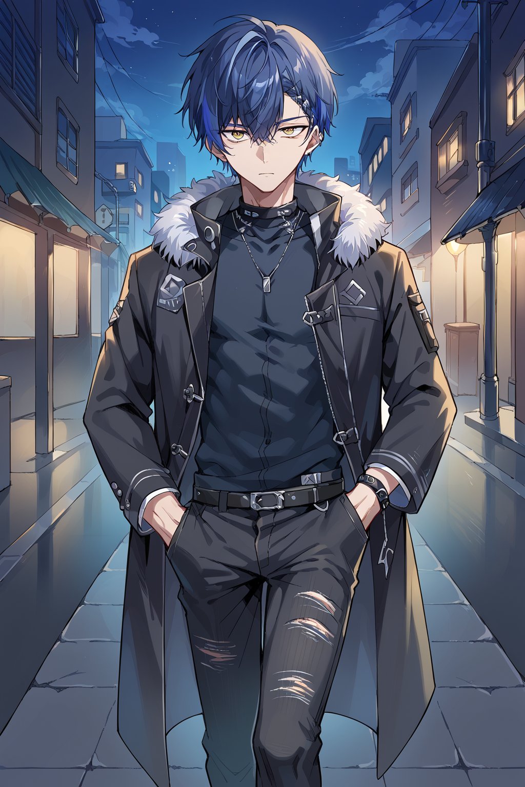 score_9, score_8_up, score_7_up, score_6_up, score_5_up, score_4_up, source_anime, BREAK, 1boy, male focus, koyanagi_rou, dark blue hair, blue hair, yellow eyes, multicolored hair, looking at viewer, toned male, coat, pants, night, standing, street, expressionless