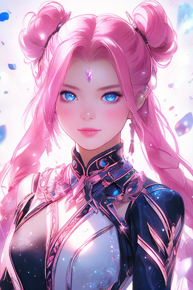 Beautiful girl. She is very badass, she wears a very luxurious outfit. detailed image, detailed skin, upper body, looking at viewer, twintails cut. Pink hair, blue eyes. White background, ((masterpiece: 1.2)), light particles, light particles in background, Anime style.,noc-futuristic