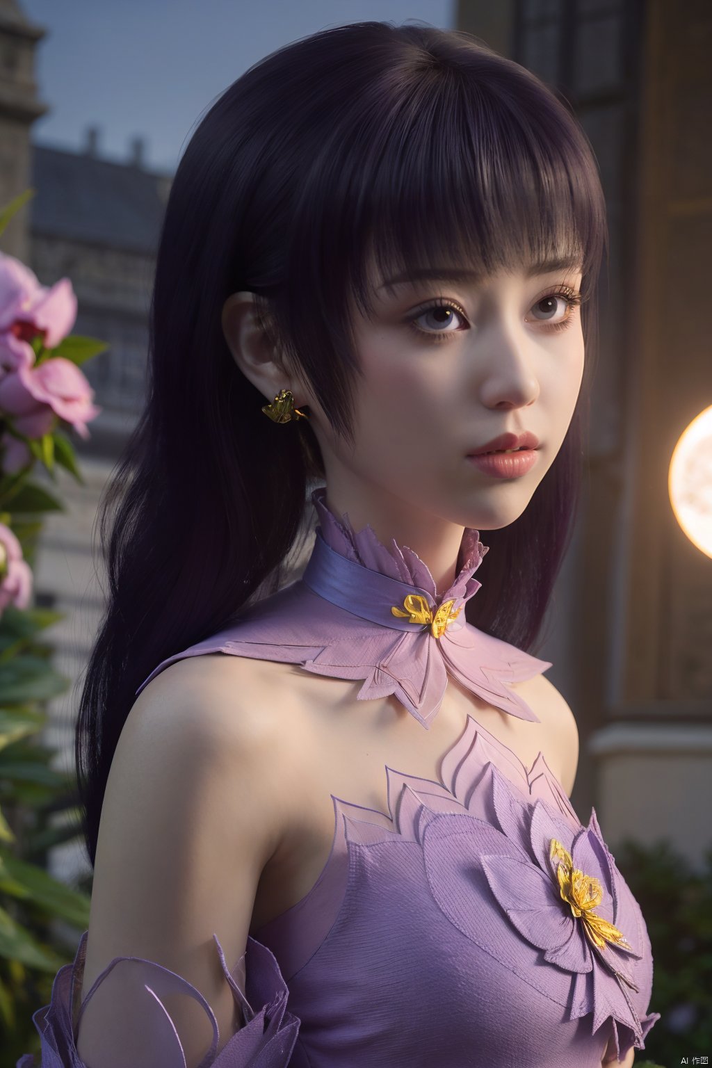  (best quality,masterpiece),Yunxiao_Fairy,1girl,solo,long hair,looking at viewer,jewelry,closed mouth,purple eyes,upper body,purple hair,earrings,blurry,blurry background,sunlight,red lips,(big breasts:1.3),(Peony,full moon:1.49),Xziyan