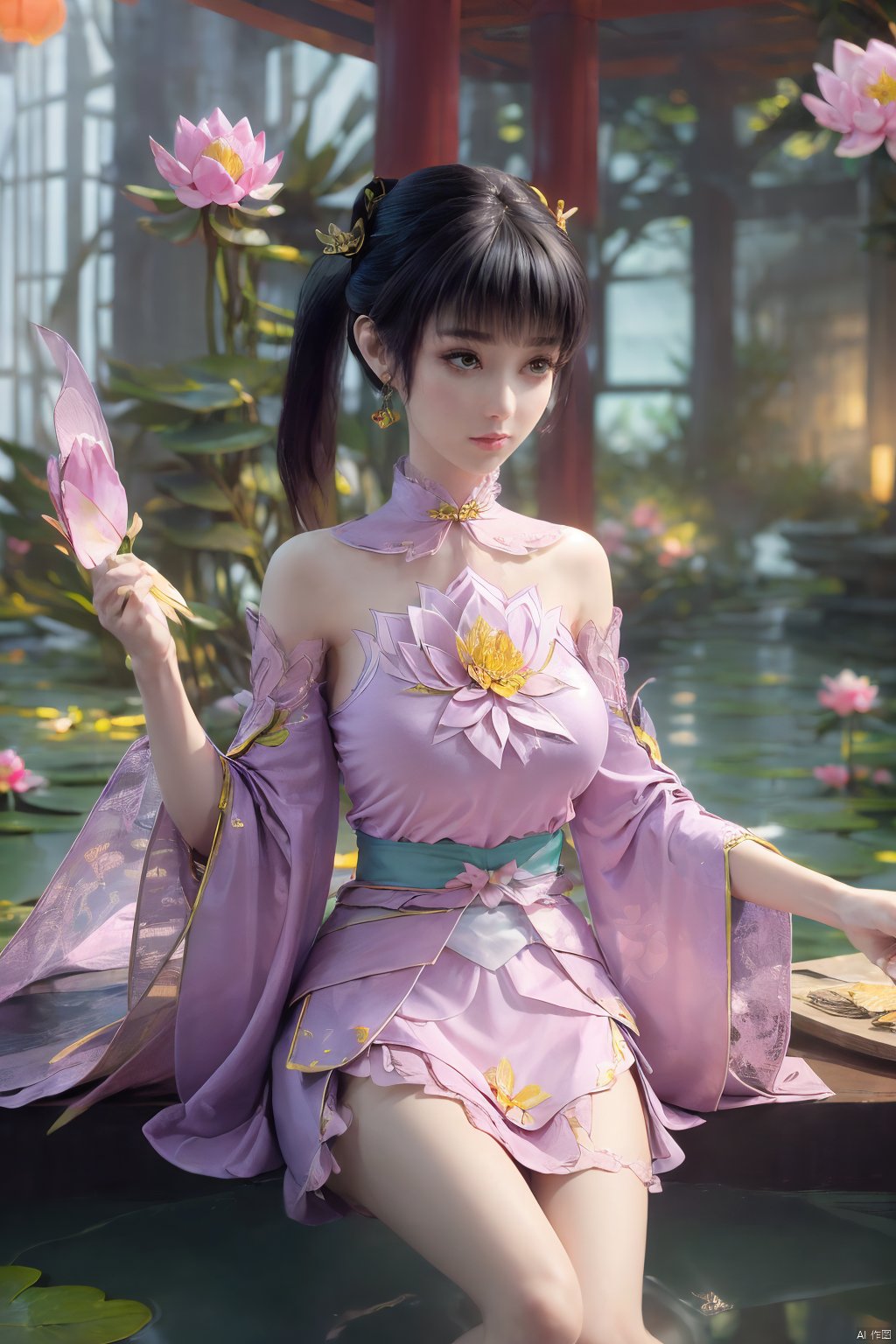  (1girl:1.1), (Lace pink-green skirt:1.39), on Stomach,aqua_earrings,Lights, lanterns, chang,(big breasts:1.56),hanfu, Best quality, Realistic, photorealistic, masterpiece, extremely detailed CG unity 8k wallpaper, best illumination, best shadow, huge filesize ,(big breasts:1.59) incredibly absurdres, absurdres, looking at viewer, transparent, smog, gauze, vase, petals, room, ancient Chinese style, detailed background, wide shot background,
(((black hair))),(Sitting on the lotus pond porch:1.49) ,(A pond full of pink lotus flowers:1.5),close up of 1girl,Hairpins,hair ornament,hair wings,slim,narrow waist,perfect eyes,beautiful perfect face,pleasant smile,perfect female figure,detailed skin,charming,alluring,seductive,erotic,enchanting,delicate pattern,detailed complex and rich exquisite clothing detail,delicate intricate fabrics,
Morning Serenade In the gentle morning glow, (a woman in a pink lotus-patterned Hanfu stands in an indoor courtyard:1.36),(Chinese traditional dragon and phoenix embroidered Hanfu:1.3), admiring the tranquil garden scenery. The lotus-patterned Hanfu, embellished with silver-thread embroidery, is softly illuminated by the morning light. The light mint green Hanfu imparts a sense of calm and freshness, adorned with delicate lotus patterns, with a blurred background to enhance the peaceful atmosphere, song_hanfu, tang_hanfu,(Peony,full moon:1.49),Xziyan