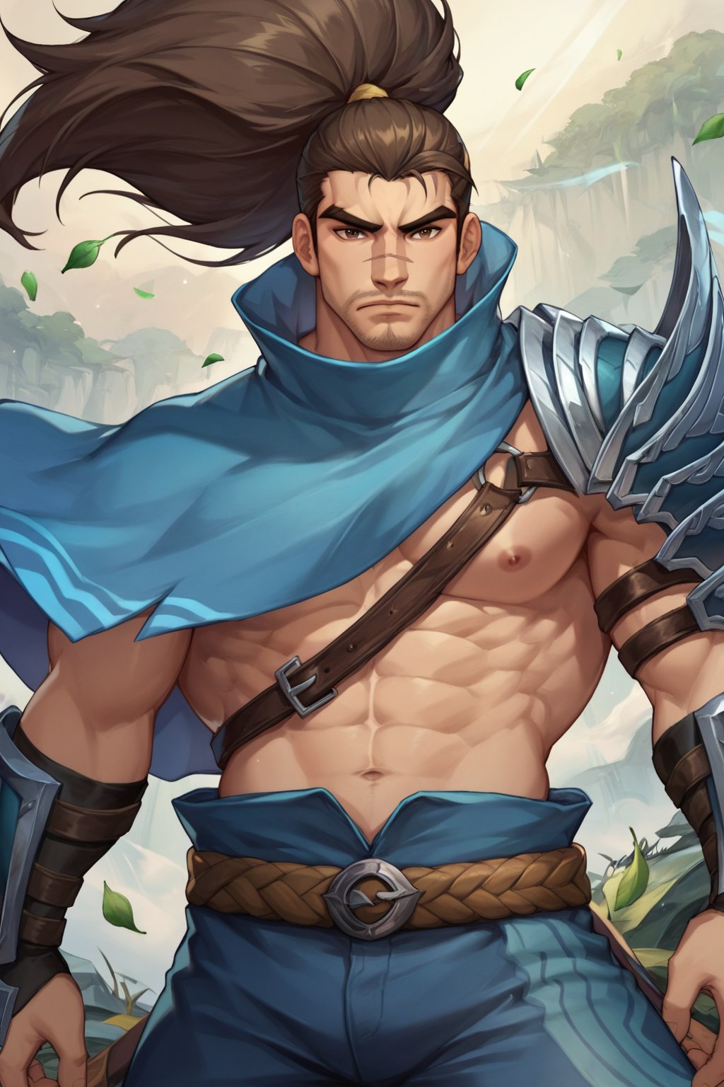 Yasuo, score_9, score_8_up, score_7_up, score_6_up, scar across nose, scar on face,one scar, bara, male,mature male, brown eyes, perfect face, thick eyebrows, blue capelet, belt, blue pants,upper_body,cowboy_shot,arm guards,nipples,brown hair, long hair, ponytail, masculine, manly,muscular,male_solo,armor,abs,wind,very windy background,pectorals,shoulder armor,facial hair,pants,closed mouth,bare pectorals, looking at viewer, wind background,leaf,leafy,windstorm