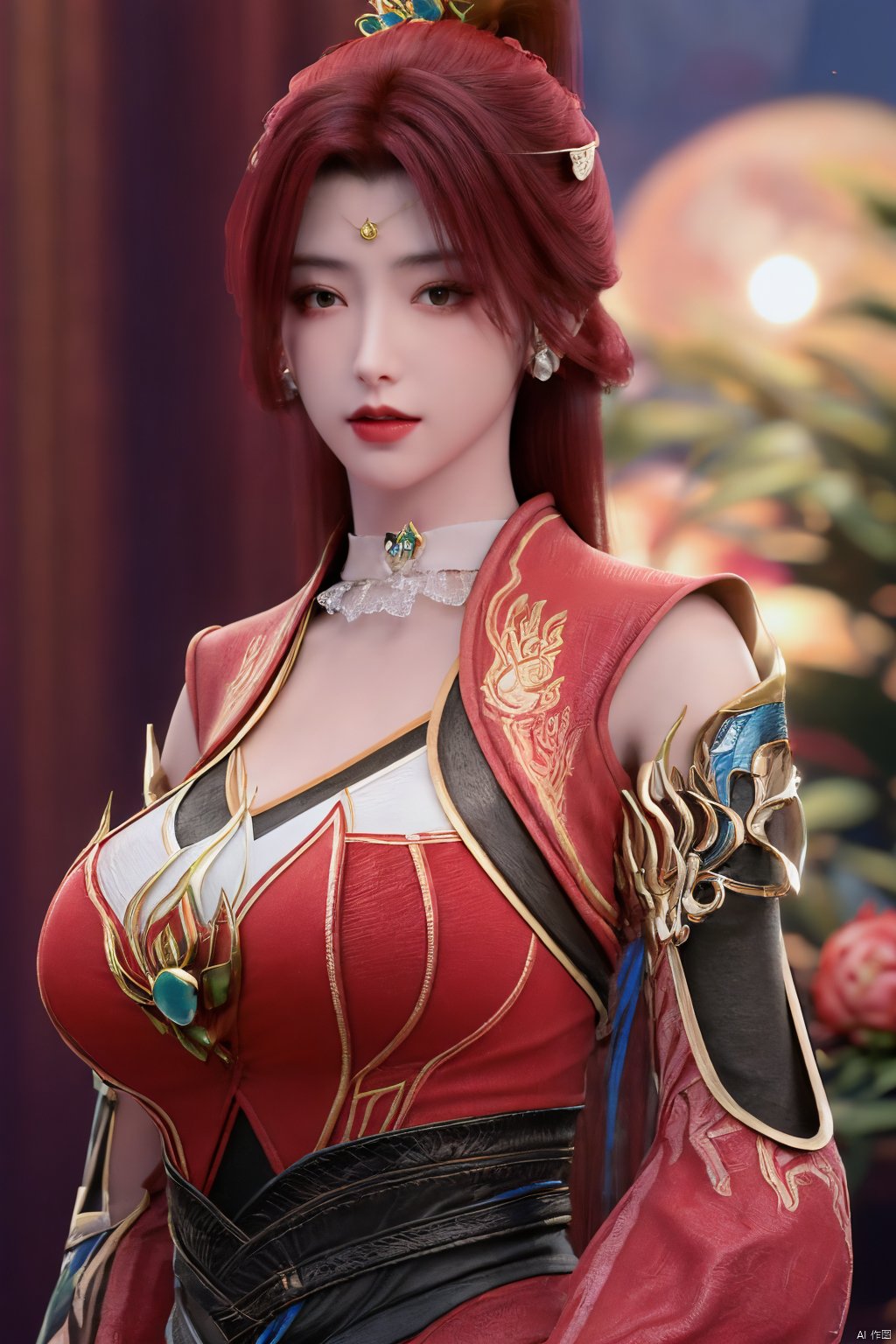  (best quality,masterpiece),Yunxiao_Fairy,1girl,solo,long hair,looking at viewer,jewelry,closed mouth,purple eyes,upper body,purple hair,earrings,blurry,blurry background,sunlight,red lips,(big breasts:1.59),(Peony,full moon:1.39),Xtanghuoer