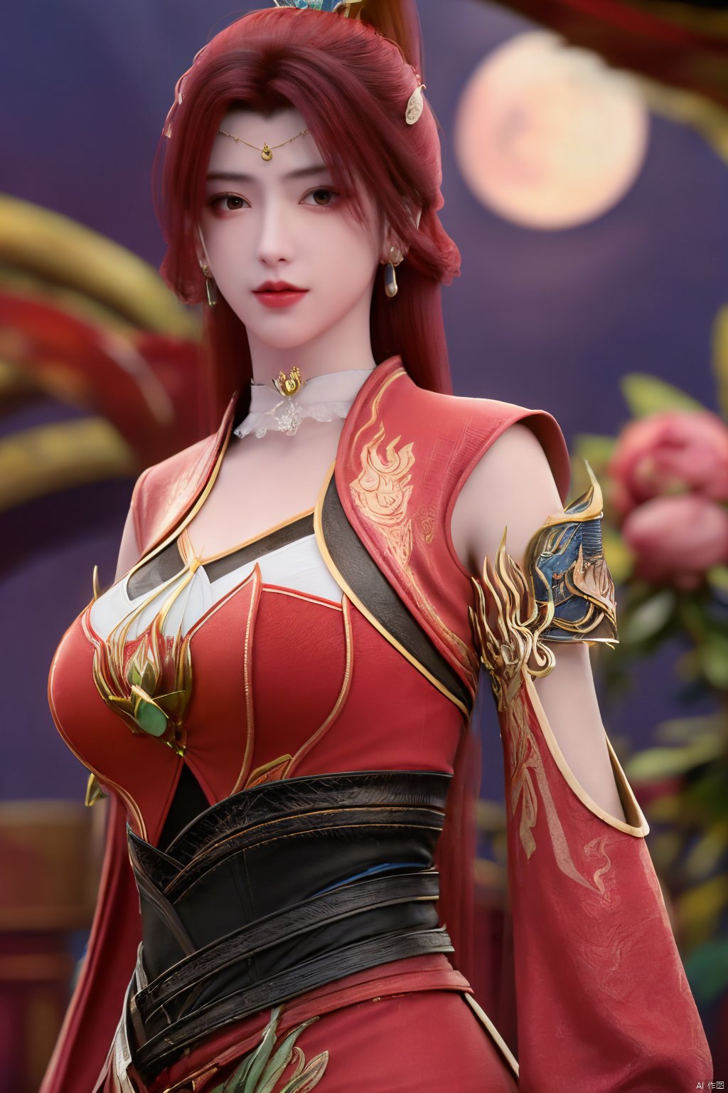  (best quality,masterpiece),Yunxiao_Fairy,1girl,solo,long hair,looking at viewer,jewelry,closed mouth,purple eyes,upper body,purple hair,earrings,blurry,blurry background,sunlight,red lips,(big breasts:1.59),(Peony,full moon:1.39),Xtanghuoer