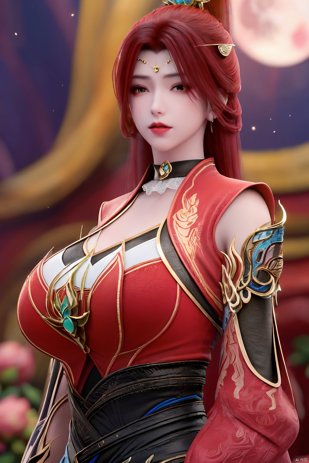  (best quality,masterpiece),Yunxiao_Fairy,1girl,solo,long hair,looking at viewer,jewelry,closed mouth,purple eyes,upper body,purple hair,earrings,blurry,blurry background,sunlight,red lips,(big breasts:1.59),(Peony,full moon:1.39),Xtanghuoer