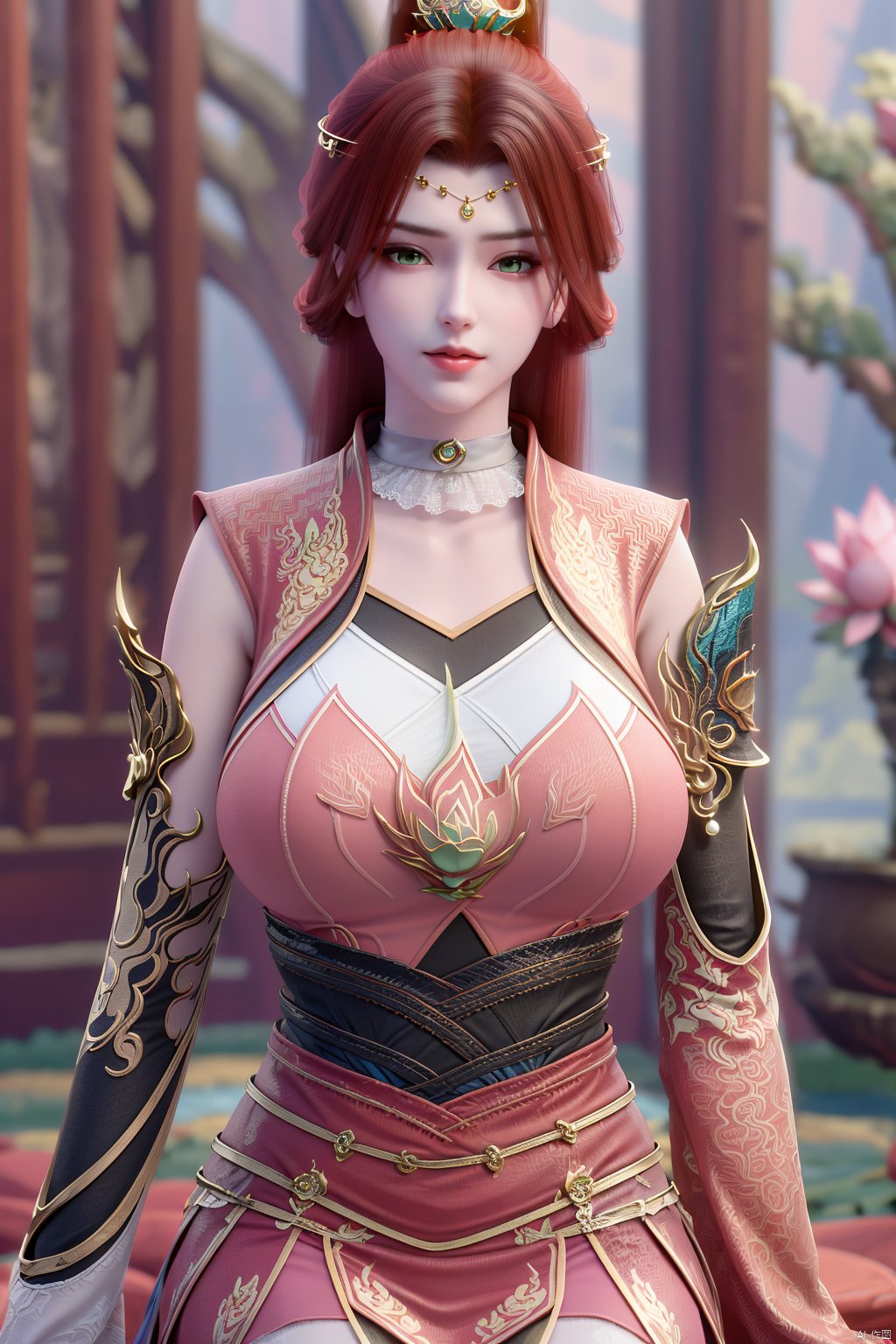  (1girl:1.1), (Lace pink-green skirt:1.39), on Stomach,aqua_earrings,Lights, lanterns, chang,(big breasts:1.56),hanfu, Best quality, Realistic, photorealistic, masterpiece, extremely detailed CG unity 8k wallpaper, best illumination, best shadow, huge filesize ,(huge breasts:1.59) incredibly absurdres, absurdres, looking at viewer, transparent, smog, gauze, vase, petals, room, ancient Chinese style, detailed background, wide shot background,
(((black hair))),(Sitting on the lotus pond porch:1.49) ,(A pond full of pink lotus flowers:1.5),close up of 1girl,Hairpins,hair ornament,hair wings,slim,narrow waist,perfect eyes,beautiful perfect face,pleasant smile,perfect female figure,detailed skin,charming,alluring,seductive,erotic,enchanting,delicate pattern,detailed complex and rich exquisite clothing detail,delicate intricate fabrics,
Morning Serenade In the gentle morning glow, (a woman in a pink lotus-patterned Hanfu stands in an indoor courtyard:1.36),(Chinese traditional dragon and phoenix embroidered Hanfu:1.3), admiring the tranquil garden scenery. The lotus-patterned Hanfu, embellished with silver-thread embroidery, is softly illuminated by the morning light. The light mint green Hanfu imparts a sense of calm and freshness, adorned with delicate lotus patterns, with a blurred background to enhance the peaceful atmosphere, song_hanfu, tang_hanfu,Xtianhuxiaobai,Xtanghuoer