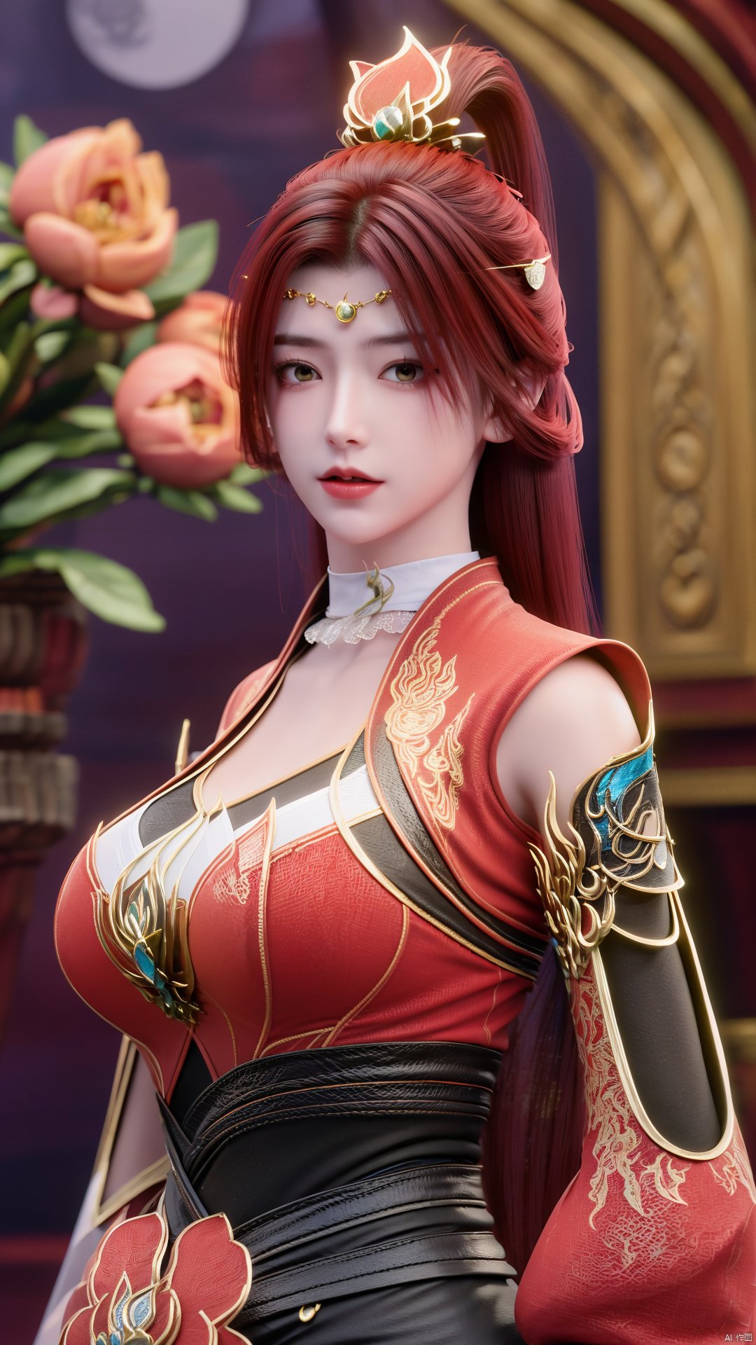 (best quality,masterpiece),Yunxiao_Fairy,1girl,solo,long hair,looking at viewer,jewelry,closed mouth,purple eyes,upper body,purple hair,earrings,blurry,blurry background,sunlight,red lips,(big breasts:1.39),(Peony,full moon:1.49),Xtanghuoer