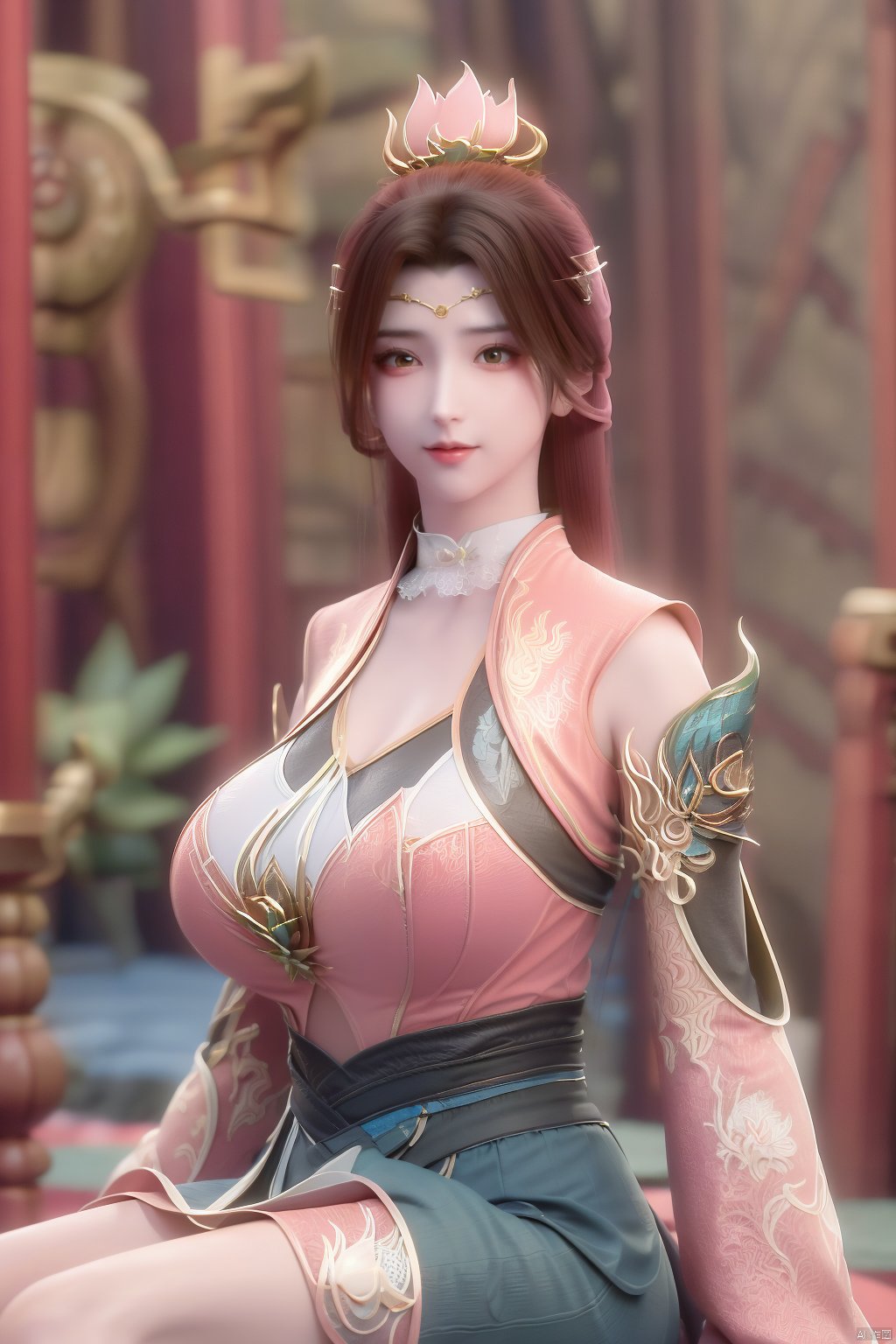  (1girl:1.1), (Lace pink-green skirt:1.39), on Stomach,aqua_earrings,Lights, lanterns, chang,(big breasts:1.56),hanfu, Best quality, Realistic, photorealistic, masterpiece, extremely detailed CG unity 8k wallpaper, best illumination, best shadow, huge filesize ,(huge breasts:1.59) incredibly absurdres, absurdres, looking at viewer, transparent, smog, gauze, vase, petals, room, ancient Chinese style, detailed background, wide shot background,
(((black hair))),(Sitting on the lotus pond porch:1.49) ,(A pond full of pink lotus flowers:1.5),close up of 1girl,Hairpins,hair ornament,hair wings,slim,narrow waist,perfect eyes,beautiful perfect face,pleasant smile,perfect female figure,detailed skin,charming,alluring,seductive,erotic,enchanting,delicate pattern,detailed complex and rich exquisite clothing detail,delicate intricate fabrics,
Morning Serenade In the gentle morning glow, (a woman in a pink lotus-patterned Hanfu stands in an indoor courtyard:1.36),(Chinese traditional dragon and phoenix embroidered Hanfu:1.3), admiring the tranquil garden scenery. The lotus-patterned Hanfu, embellished with silver-thread embroidery, is softly illuminated by the morning light. The light mint green Hanfu imparts a sense of calm and freshness, adorned with delicate lotus patterns, with a blurred background to enhance the peaceful atmosphere, song_hanfu, tang_hanfu,Xtianhuxiaobai,Xtanghuoer