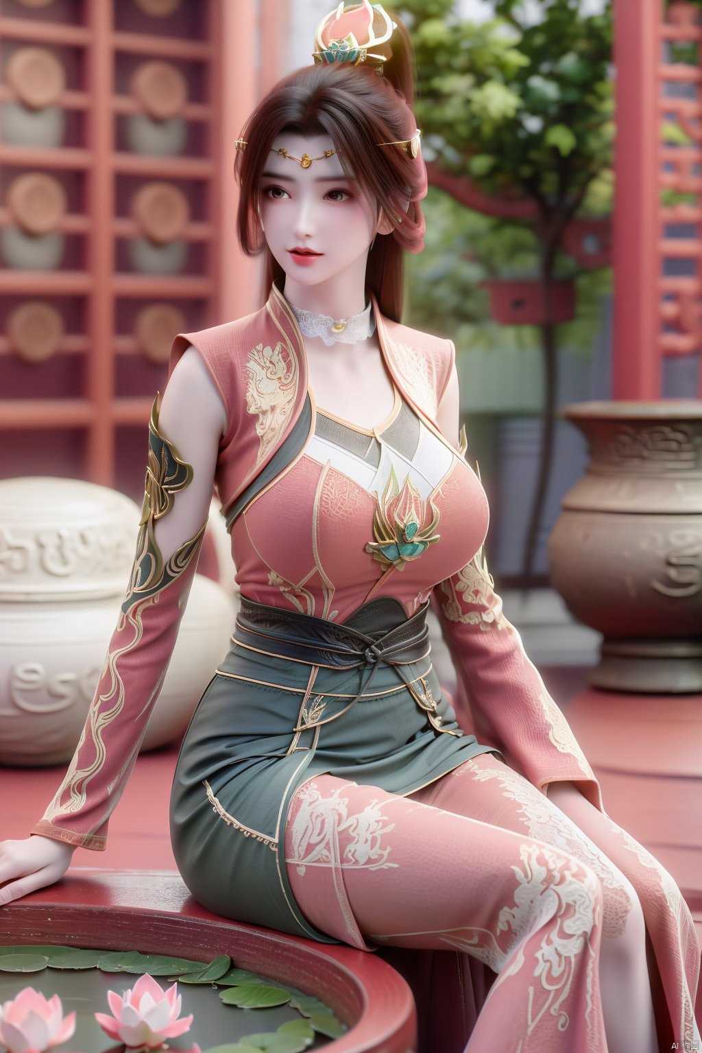  (1girl:1.1), (Lace pink-green skirt:1.39), on Stomach,aqua_earrings,Lights, lanterns, chang,(big breasts:1.56),hanfu, Best quality, Realistic, photorealistic, masterpiece, extremely detailed CG unity 8k wallpaper, best illumination, best shadow, huge filesize ,(huge breasts:1.59) incredibly absurdres, absurdres, looking at viewer, transparent, smog, gauze, vase, petals, room, ancient Chinese style, detailed background, wide shot background,
(((black hair))),(Sitting on the lotus pond porch:1.49) ,(A pond full of pink lotus flowers:1.5),close up of 1girl,Hairpins,hair ornament,hair wings,slim,narrow waist,perfect eyes,beautiful perfect face,pleasant smile,perfect female figure,detailed skin,charming,alluring,seductive,erotic,enchanting,delicate pattern,detailed complex and rich exquisite clothing detail,delicate intricate fabrics,
Morning Serenade In the gentle morning glow, (a woman in a pink lotus-patterned Hanfu stands in an indoor courtyard:1.36),(Chinese traditional dragon and phoenix embroidered Hanfu:1.3), admiring the tranquil garden scenery. The lotus-patterned Hanfu, embellished with silver-thread embroidery, is softly illuminated by the morning light. The light mint green Hanfu imparts a sense of calm and freshness, adorned with delicate lotus patterns, with a blurred background to enhance the peaceful atmosphere, song_hanfu, tang_hanfu,Xtianhuxiaobai,Xtanghuoer