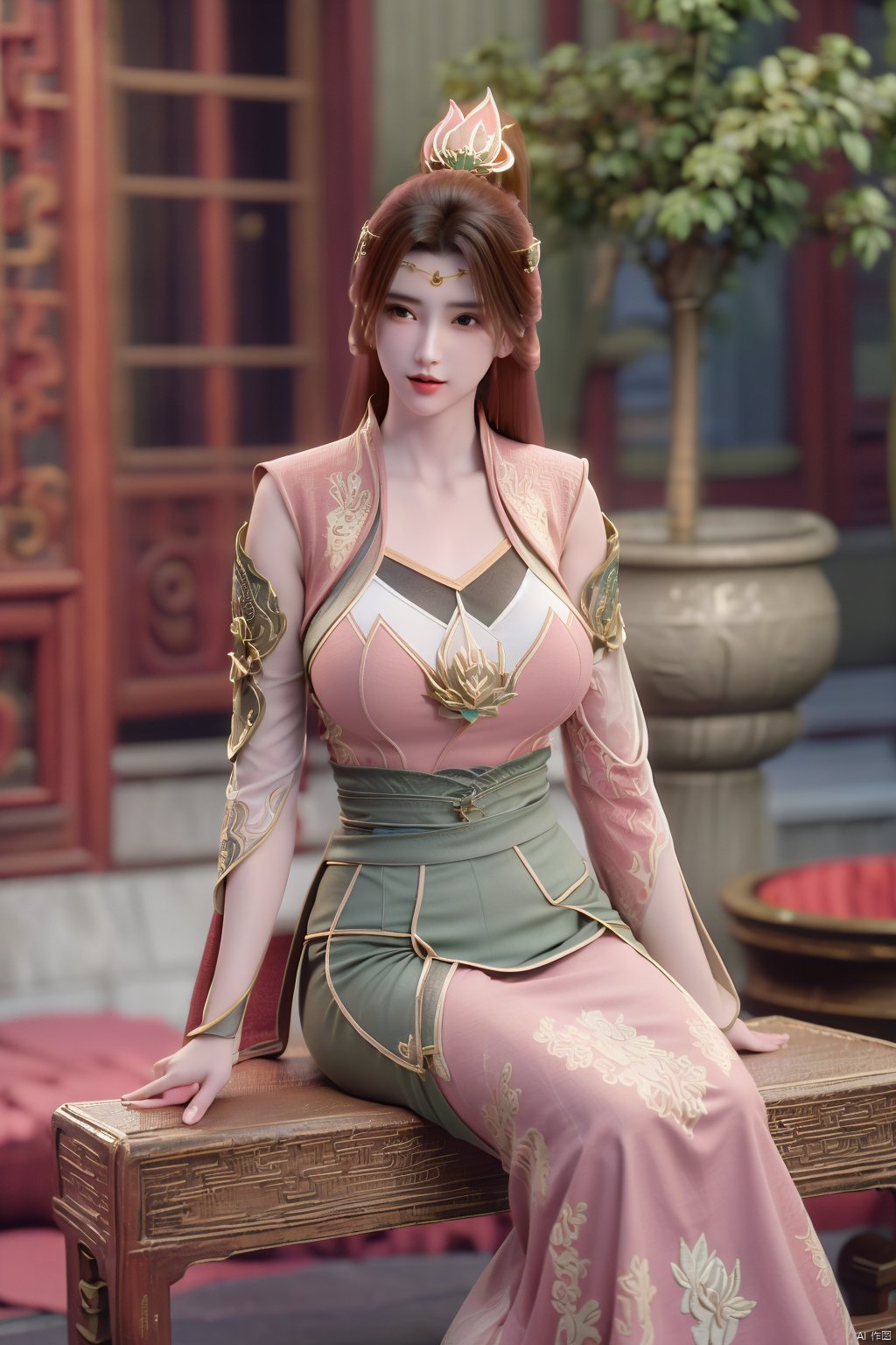  (1girl:1.1), (Lace pink-green skirt:1.39), on Stomach,aqua_earrings,Lights, lanterns, chang,(big breasts:1.56),hanfu, Best quality, Realistic, photorealistic, masterpiece, extremely detailed CG unity 8k wallpaper, best illumination, best shadow, huge filesize ,(huge breasts:1.59) incredibly absurdres, absurdres, looking at viewer, transparent, smog, gauze, vase, petals, room, ancient Chinese style, detailed background, wide shot background,
(((black hair))),(Sitting on the lotus pond porch:1.49) ,(A pond full of pink lotus flowers:1.5),close up of 1girl,Hairpins,hair ornament,hair wings,slim,narrow waist,perfect eyes,beautiful perfect face,pleasant smile,perfect female figure,detailed skin,charming,alluring,seductive,erotic,enchanting,delicate pattern,detailed complex and rich exquisite clothing detail,delicate intricate fabrics,
Morning Serenade In the gentle morning glow, (a woman in a pink lotus-patterned Hanfu stands in an indoor courtyard:1.36),(Chinese traditional dragon and phoenix embroidered Hanfu:1.3), admiring the tranquil garden scenery. The lotus-patterned Hanfu, embellished with silver-thread embroidery, is softly illuminated by the morning light. The light mint green Hanfu imparts a sense of calm and freshness, adorned with delicate lotus patterns, with a blurred background to enhance the peaceful atmosphere, song_hanfu, tang_hanfu,Xtianhuxiaobai,Xtanghuoer