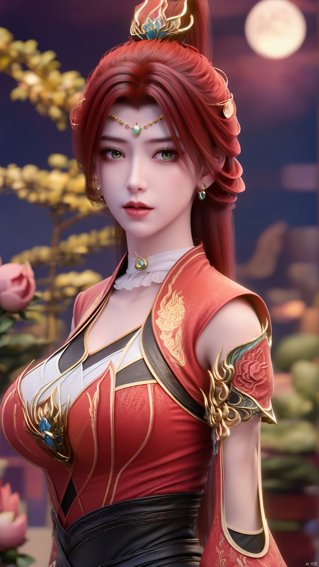 (best quality,masterpiece),Yunxiao_Fairy,1girl,solo,long hair,looking at viewer,jewelry,closed mouth,purple eyes,upper body,purple hair,earrings,blurry,blurry background,sunlight,red lips,(big breasts:1.39),(Peony,full moon:1.49),Xtanghuoer