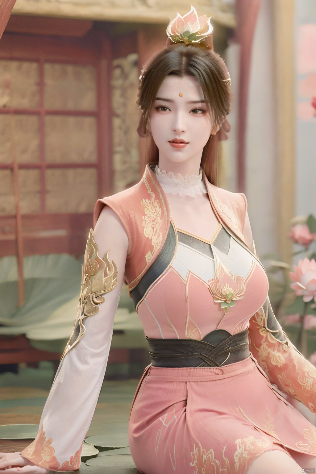  (1girl:1.1), (Lace pink-green skirt:1.39), on Stomach,aqua_earrings,Lights, lanterns, chang,(big breasts:1.56),hanfu, Best quality, Realistic, photorealistic, masterpiece, extremely detailed CG unity 8k wallpaper, best illumination, best shadow, huge filesize ,(huge breasts:1.59) incredibly absurdres, absurdres, looking at viewer, transparent, smog, gauze, vase, petals, room, ancient Chinese style, detailed background, wide shot background,
(((black hair))),(Sitting on the lotus pond porch:1.49) ,(A pond full of pink lotus flowers:1.5),close up of 1girl,Hairpins,hair ornament,hair wings,slim,narrow waist,perfect eyes,beautiful perfect face,pleasant smile,perfect female figure,detailed skin,charming,alluring,seductive,erotic,enchanting,delicate pattern,detailed complex and rich exquisite clothing detail,delicate intricate fabrics,
Morning Serenade In the gentle morning glow, (a woman in a pink lotus-patterned Hanfu stands in an indoor courtyard:1.36),(Chinese traditional dragon and phoenix embroidered Hanfu:1.3), admiring the tranquil garden scenery. The lotus-patterned Hanfu, embellished with silver-thread embroidery, is softly illuminated by the morning light. The light mint green Hanfu imparts a sense of calm and freshness, adorned with delicate lotus patterns, with a blurred background to enhance the peaceful atmosphere, song_hanfu, tang_hanfu,Xtianhuxiaobai,Xtanghuoer