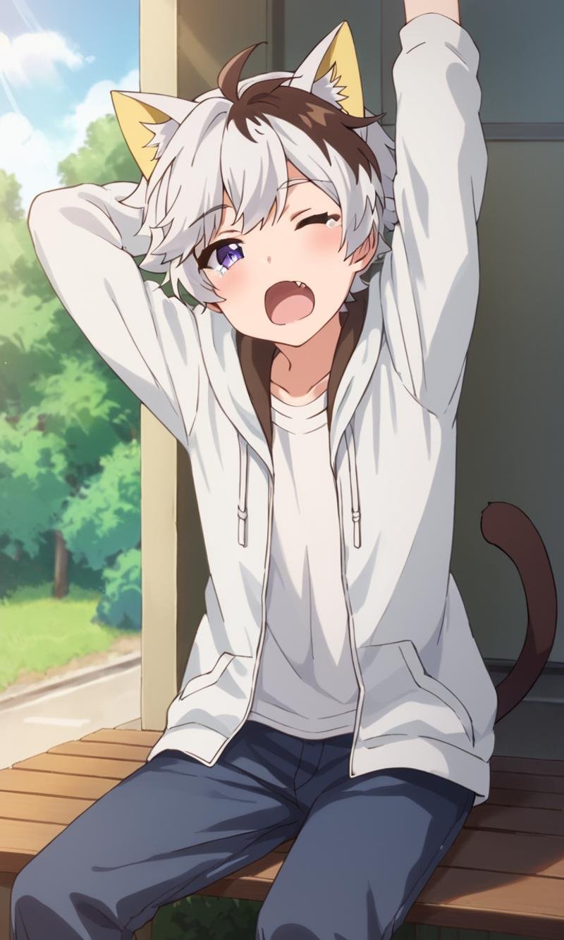 score_9,score_8_up,score_7_up,source_anime,1boy, solo,looking at viewer, Tama Okamoto,multicolored hair,two-tone hair,white hair, brown hair,purple eyes,cat ears,cat boy,White hoodie,white shirt,Brown cat tail, indoors, light rays, posing, the posture suggests movement or playfulness, open mouth, fang,sitting, (one eye closed:1.2),sleepy, yawning,stretching, tears, arm up, outdoors, japanese<lora:EMS-445984-EMS:0.800000>