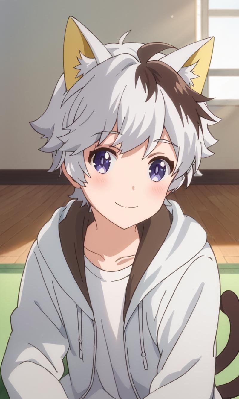 score_9,score_8_up,score_7_up,source_anime,1boy, solo,looking at viewer, smile, Tama Okamoto,multicolored hair,two-tone hair,white hair, brown hair,purple eyes,cat ears,cat boy,White hoodie,white shirt,Brown cat tail, indoors, light rays, sitting, close-up, lying down<lora:EMS-445984-EMS:1.000000>