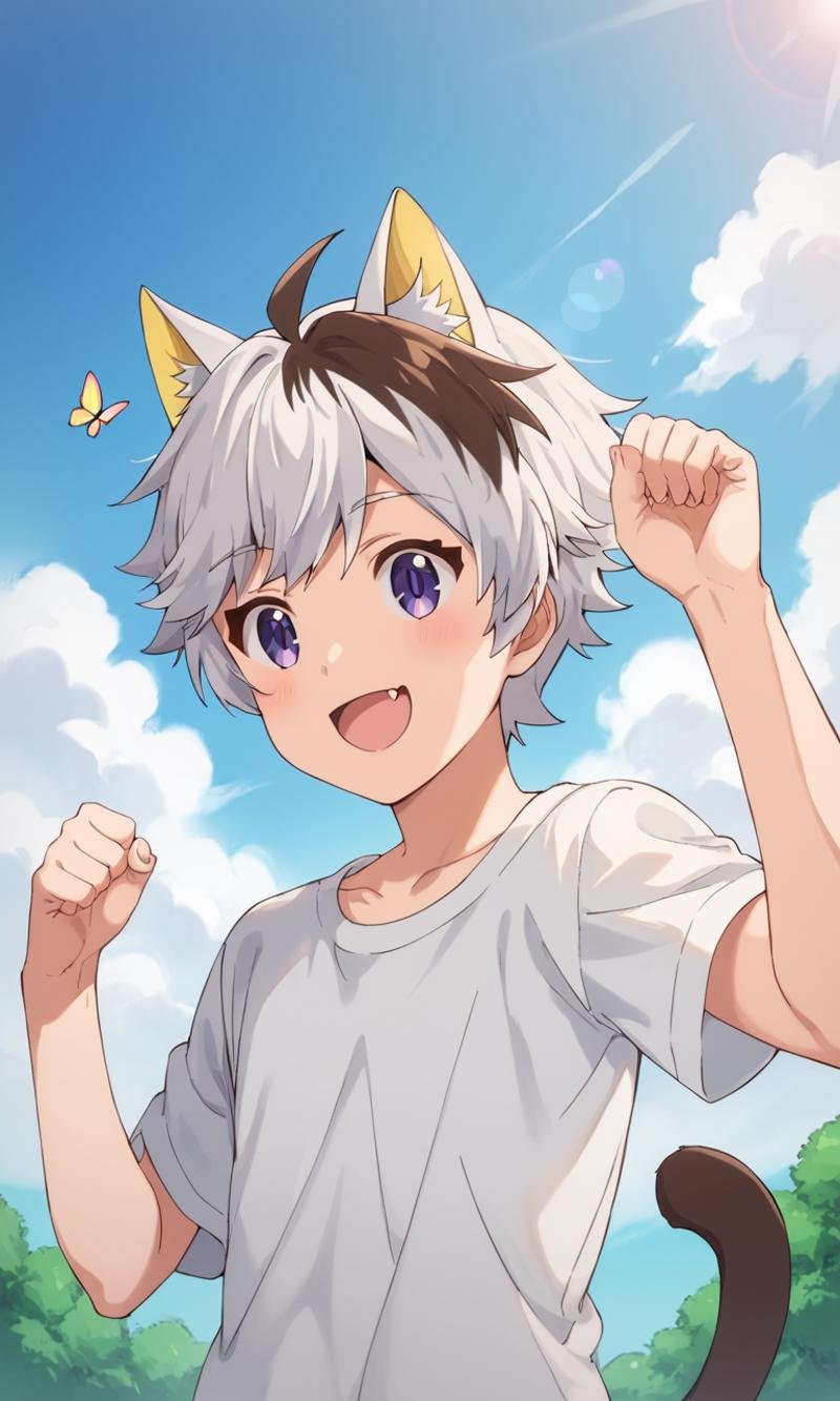 score_9,score_8_up,score_7_up,source_anime,1boy, solo,Tama Okamoto,multicolored hair,two-tone hair,white hair, brown hair,purple eyes,cat ears,cat boy,white shirt,Brown cat tail, outdoors, light rays, posing, smile, open mouth, fang,dynamic angle, jumping, sky, clouds, arms and hand up, clap, butterfly<lora:EMS-445984-EMS:0.800000>