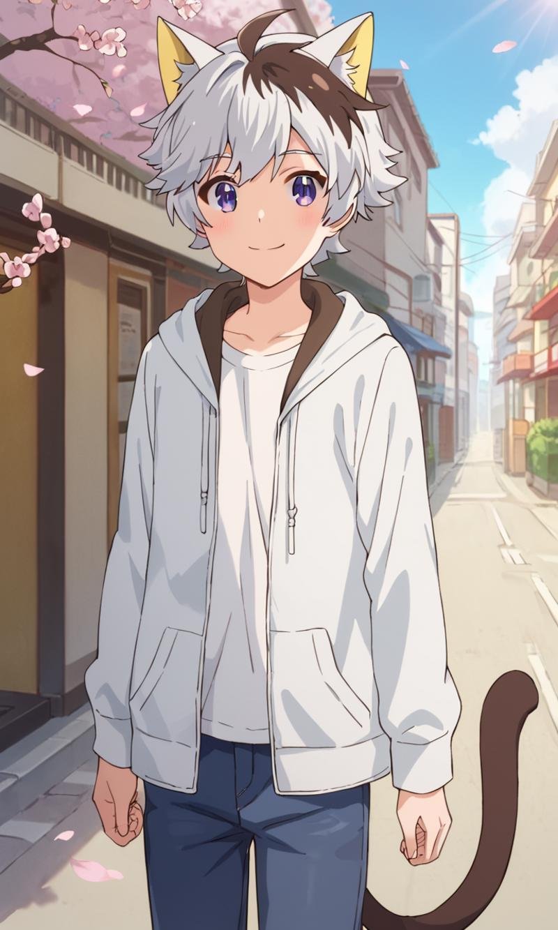 score_9,score_8_up,score_7_up,source_anime,1boy, solo,looking at viewer, smile, Tama Okamoto,multicolored hair,two-tone hair,white hair, brown hair,purple eyes,cat ears,cat boy,White hoodie,white shirt,blue pants,Brown cat tail, street, outdoors, light rays, standing, Cherry blossoms<lora:EMS-445984-EMS:0.800000>