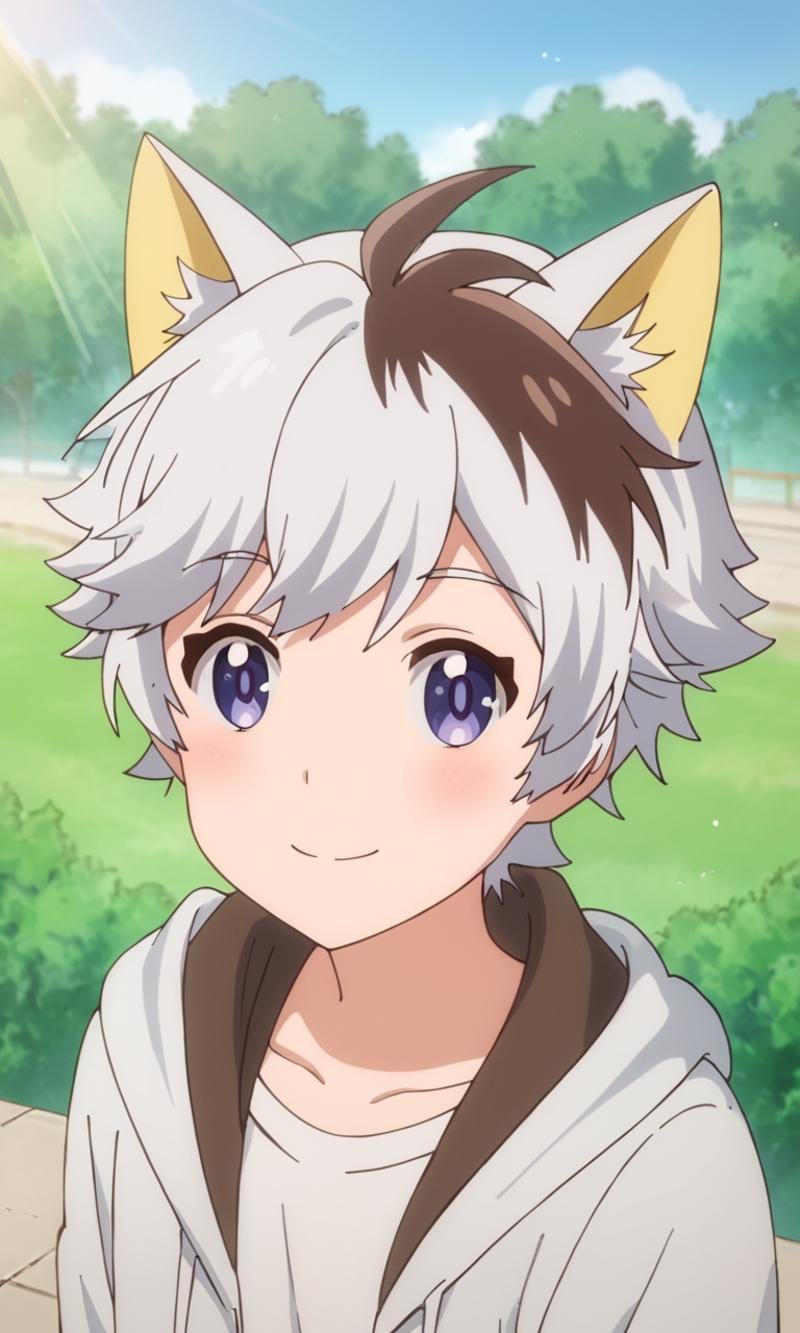 score_9,score_8_up,score_7_up,source_anime,1boy, solo,looking at viewer, smile, Tama Okamoto,multicolored hair,two-tone hair,white hair, brown hair,purple eyes,cat ears,cat boy,White hoodie,white shirt,Brown cat tail, outdoors, light rays, sitting, close-up<lora:EMS-445984-EMS:1.000000>