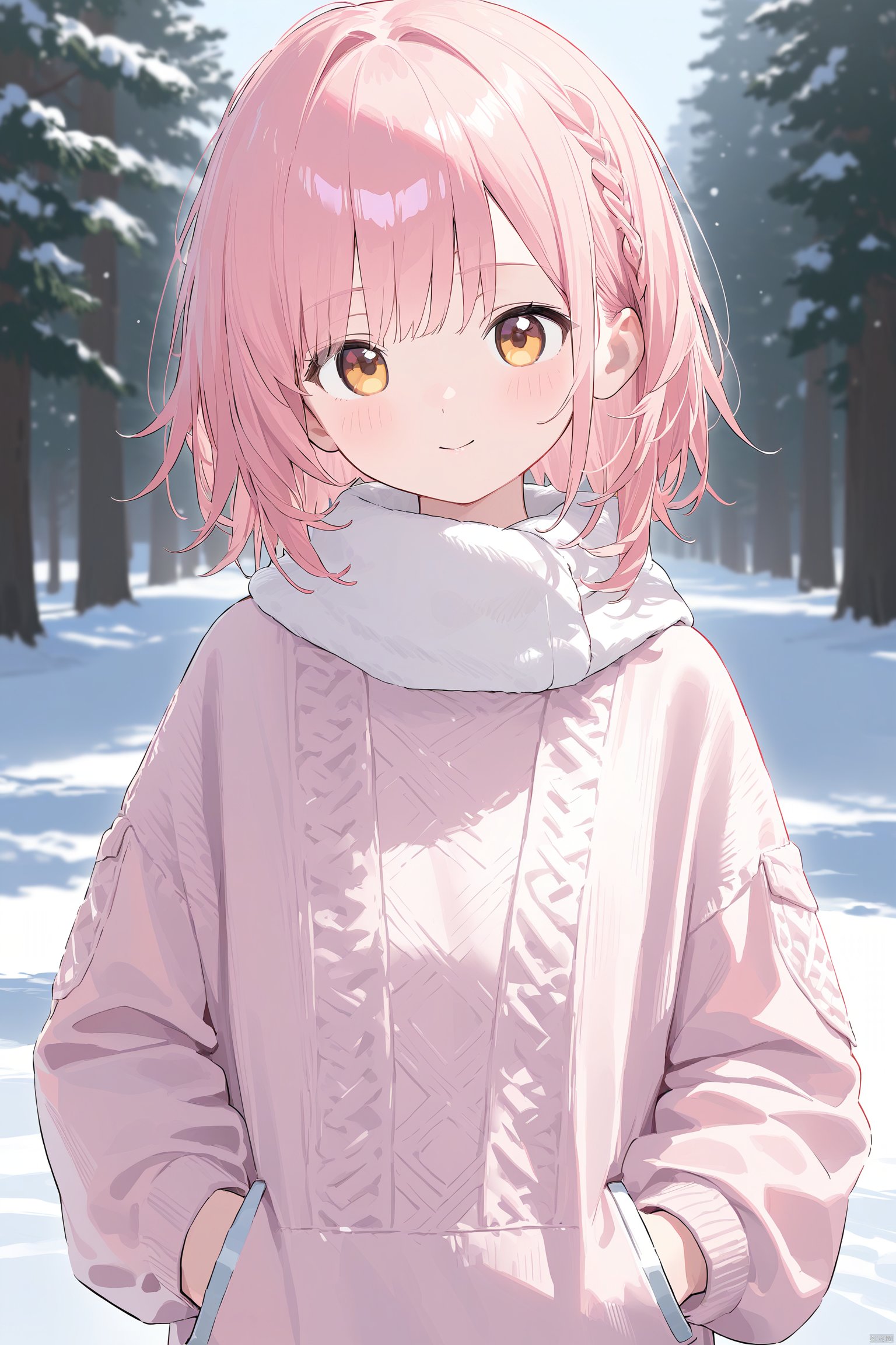 (masterpiece),(best quality),1girl, loli, solo, pink hair, long hair, yellow eyes, wearing pink knitted sweater, white collar poking out, red scarf wrapped around neck, rosy cheeks from cold, standing outdoors in winter scene, snowing lightly, snowflakes in hair, pine trees dusted white behind, looking ahead, cropped close-up composition, focus on face and upper body, intricate sweater details, photorealistic knit textures, vivid expression, hands in sweater pockets, (masterpiece quality illustration), (intricately detailed)