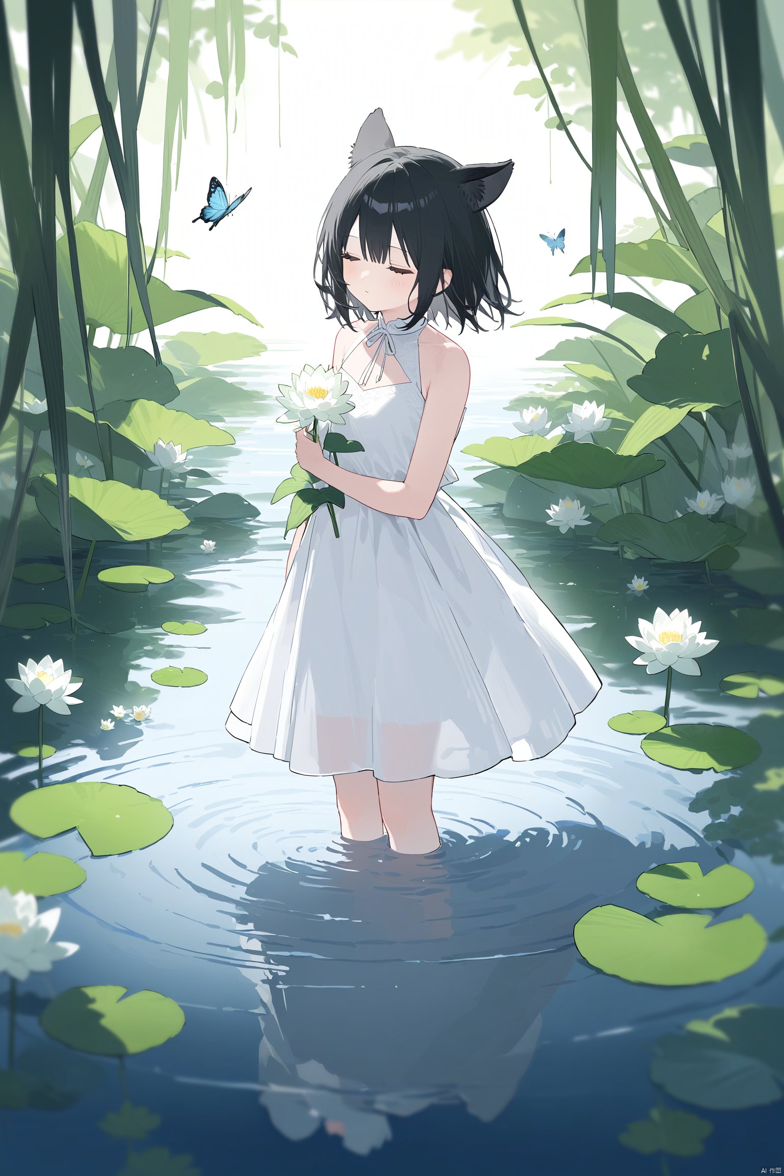 best quality, amazing quality, very aesthetic, absurdres,1girl, solo, black hair, dress, flower, bug, closed eyes, butterfly, lotus, water, bangs, standing, sleeveless, white dress, bare shoulders, letterboxed, long hair, ripples, bare arms, closed mouth, animal ears, sleeveless dress, blurry, lily pad, short hair