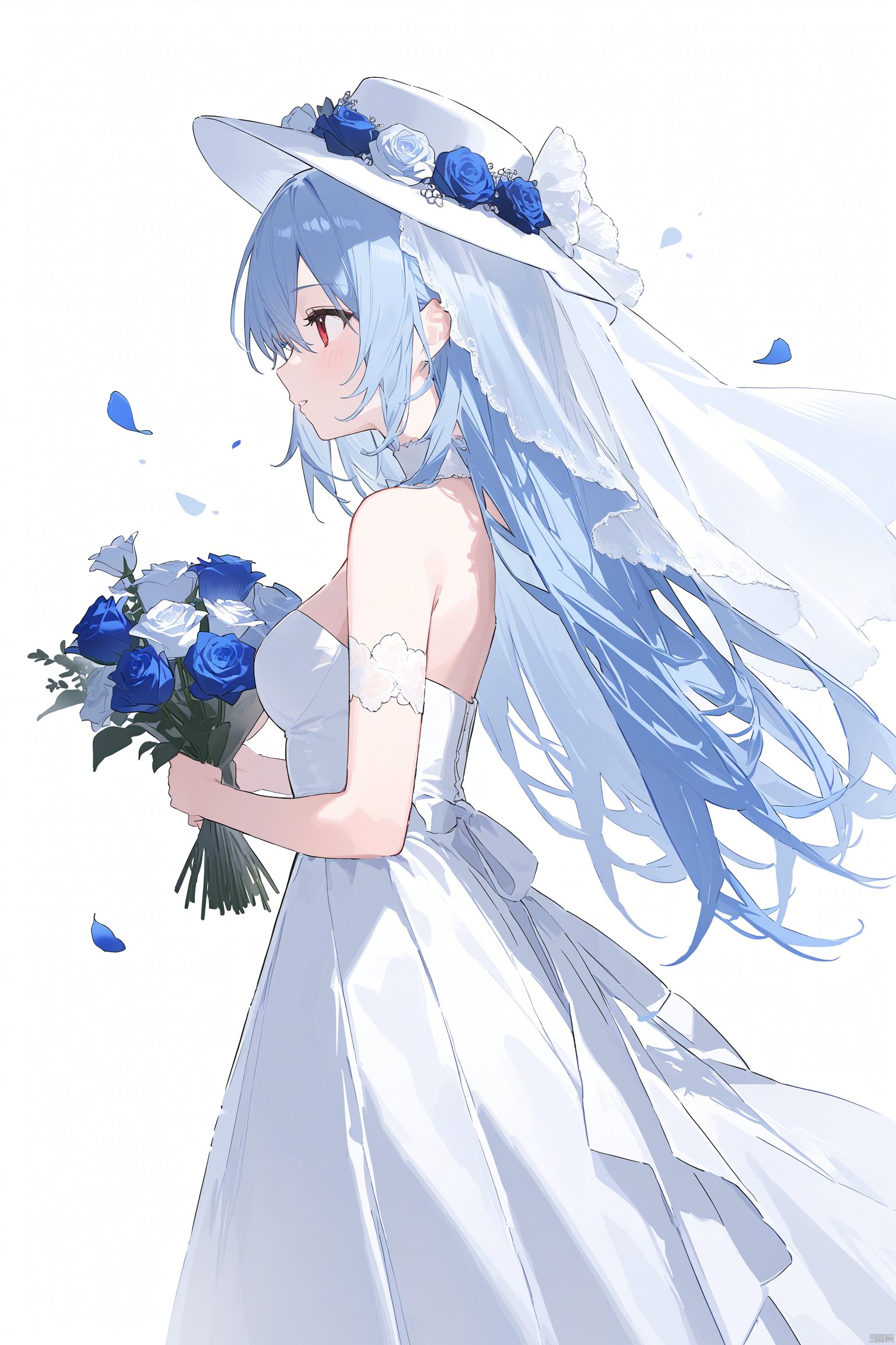 best quality, amazing quality, very aesthetic, absurdres,1girl, solo, flower, dress, red_eyes, bouquet, holding, long_hair, blue_flower, hat, blue_hair, holding_bouquet, rose, white_dress, veil, strapless, simple_background, blue_rose, parted_lips, bare_shoulders, holding_flower, profile, breasts, strapless_dress, white_headwear, from_side, hair_between_eyes, white_background, petals, bangs