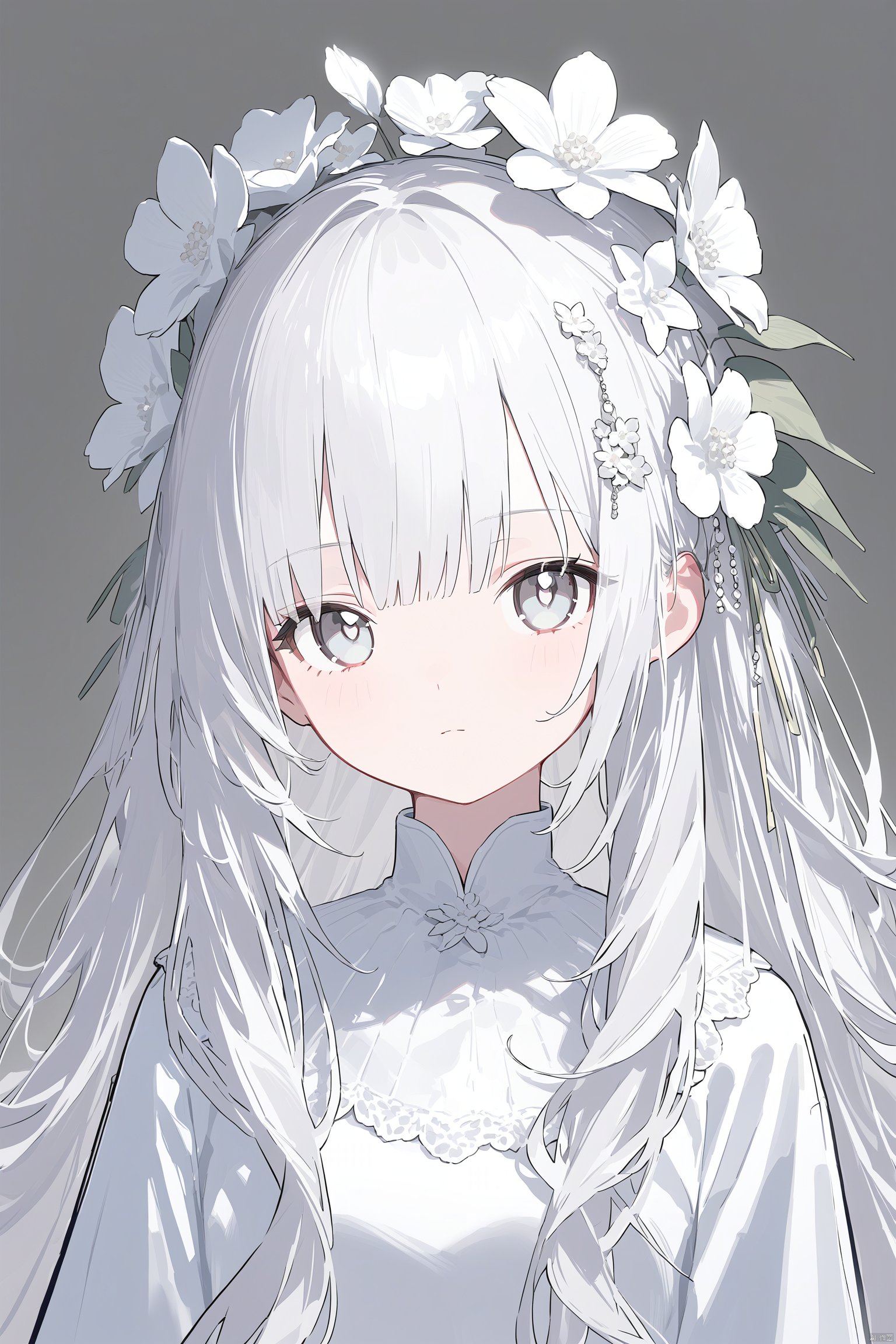 (masterpiece),(best quality),1girl, bangs, bright_pupils, closed_mouth, flower, grey_background, hair_ornament, long_hair, looking_at_viewer, solo, upper_body, very_long_hair, white_flower, white_pupils