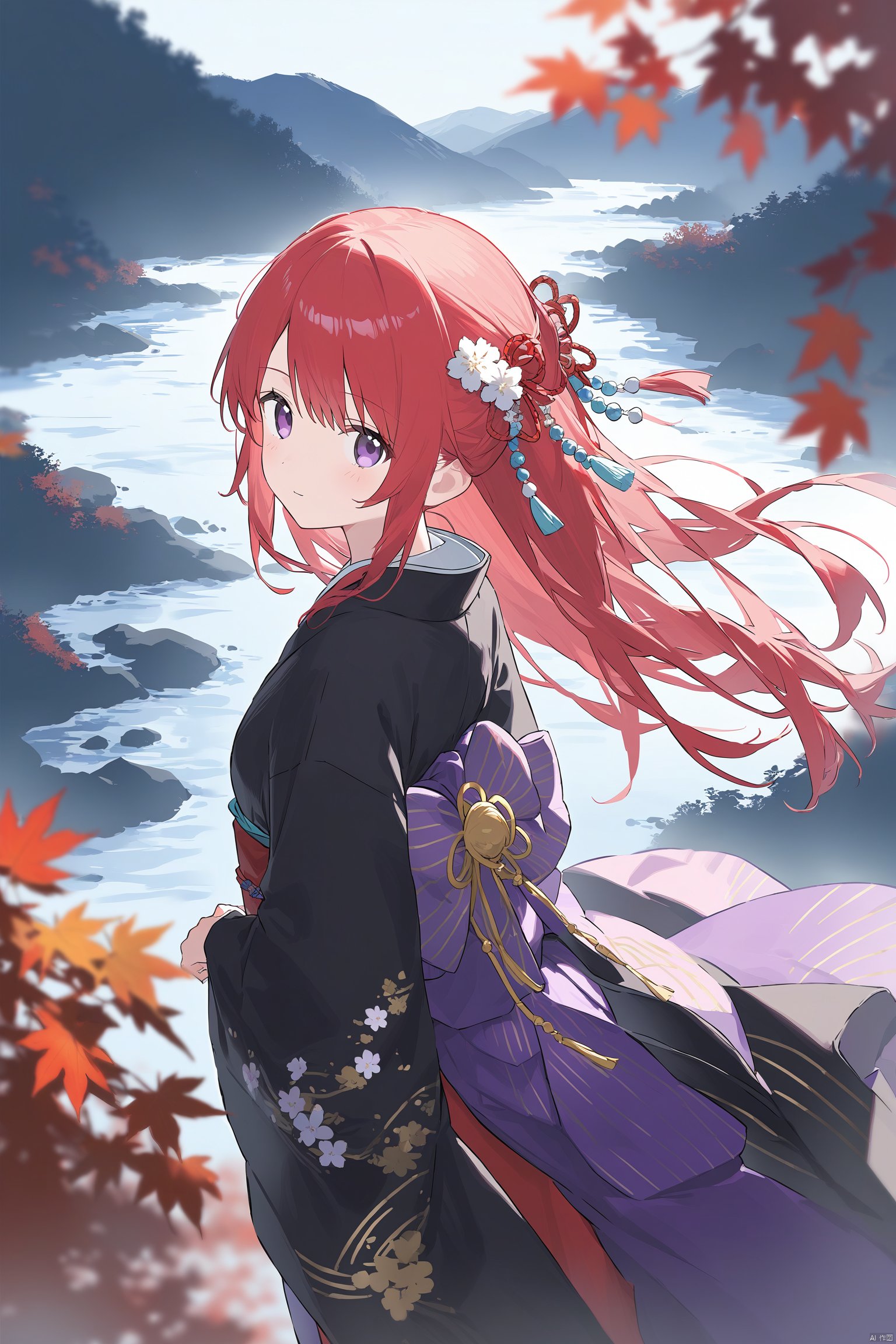 1girl,red hair,purple eyes,furisode,blurry,blurry_foreground,blurry_leaf,landscape,from_above,cowboy_shot,long hair