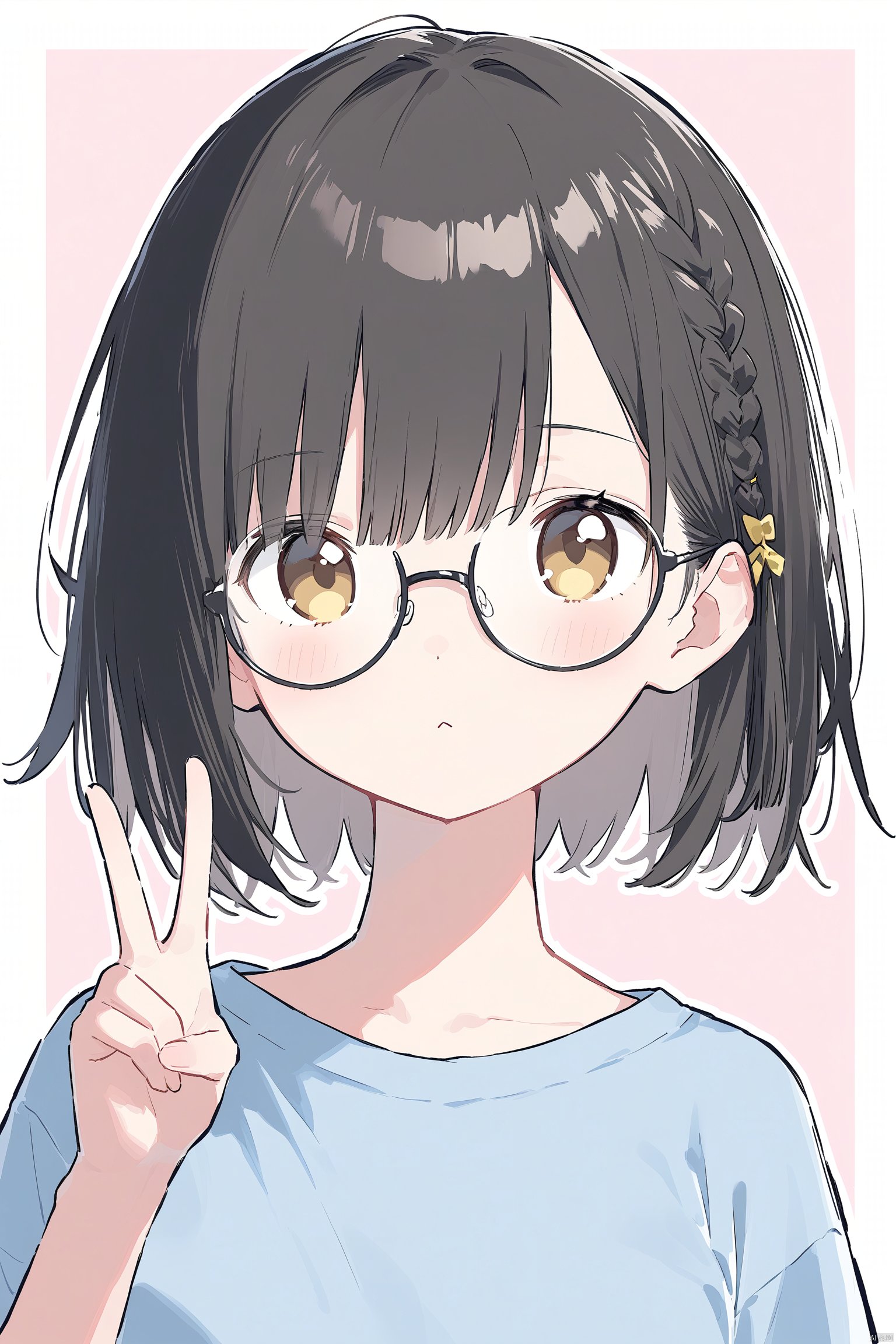 1girl, solo, black_hair, glasses, shirt, v, looking_at_viewer, blue_shirt, braid, blush, pink_background, medium_hair, bangs, upper_body, yellow_eyes, two-tone_background, hair_between_eyes, closed_mouth, simple_background, white_border, hand_up, brown_eyes