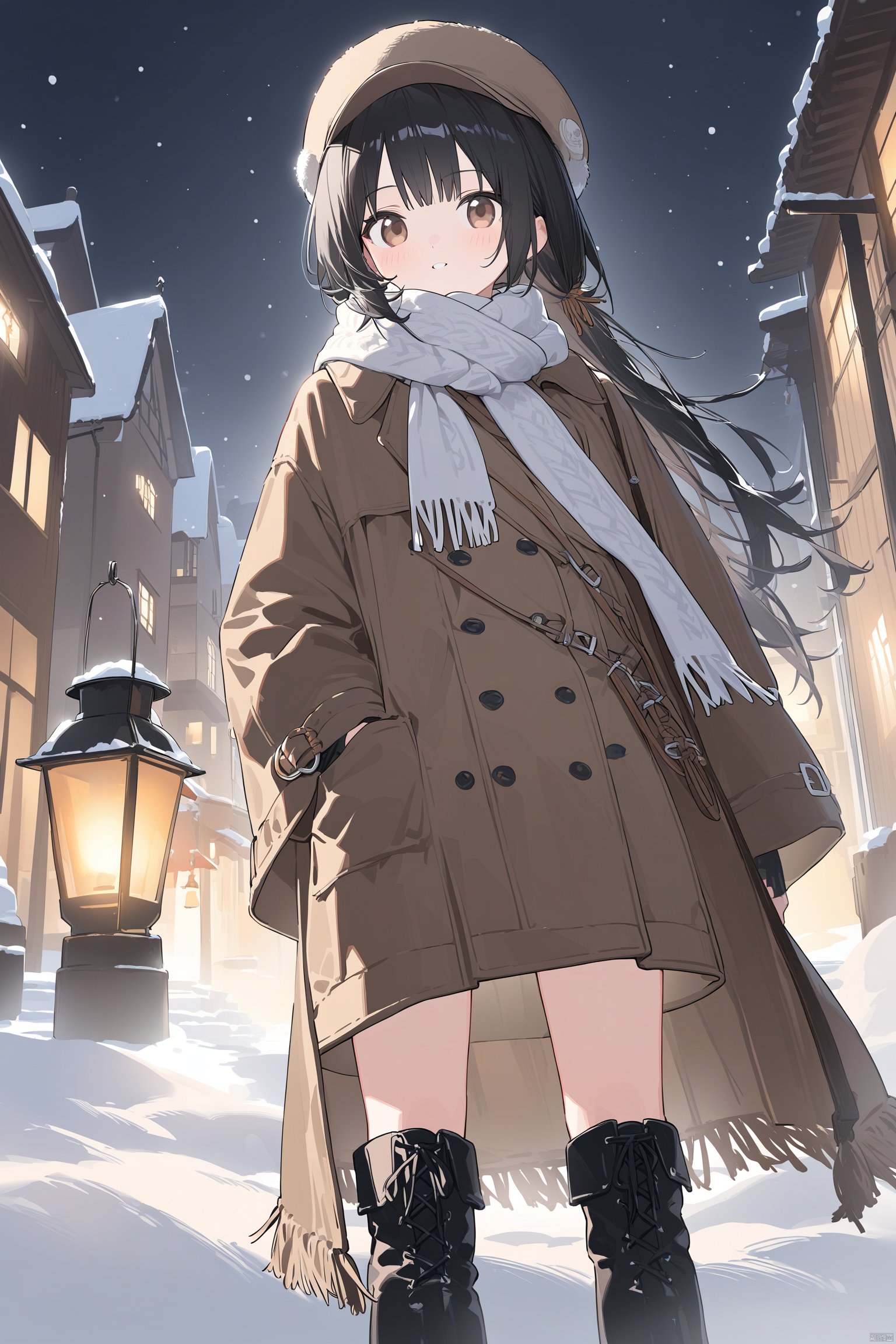 best quality, amazing quality, very aesthetic, absurdres,1girl, bangs, black_footwear, black_hair, boots, brown_eyes, building, coat, hat, knee_boots, lamp, lantern, looking_at_viewer, scarf, snow, snowing, solo, standing, winter, winter_clothes