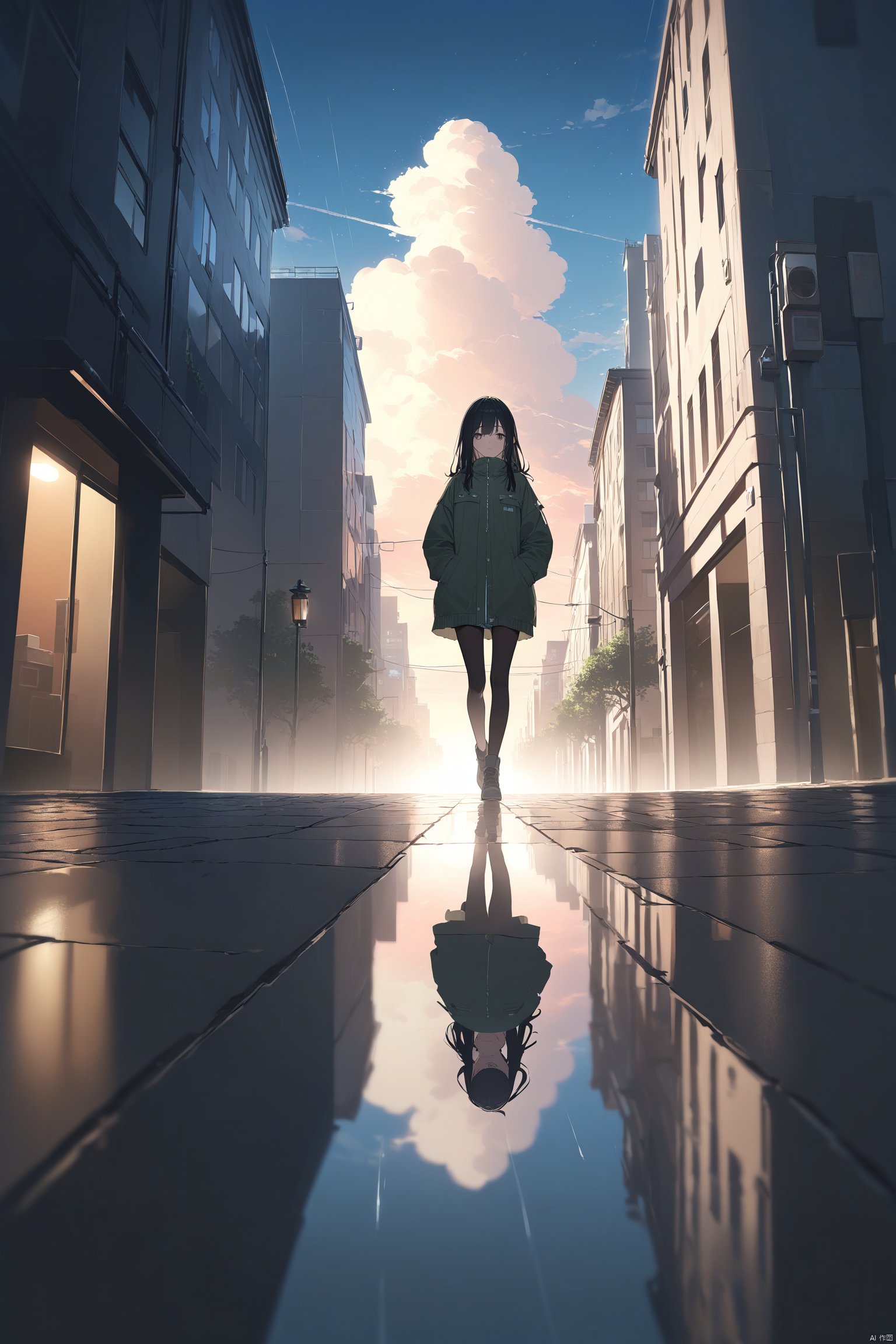 masterpiece,best quality,(ray tracing, cinematic lighting),ex-light,(central composition, Centered Composition and Symmetry:0.6),(back to camera:1.3),backlight,1girl,((solo)),black long hair,messy hair,jacket,pantyhose,rainy day,Cumulonimbus Cloud,(put hands in pockets),(outdoors, rain, sky, deserted streets, watered-down pavements, crossroad, fork in the road),tall buildings,bell towers,glass,reflections,streetlights,sunset,Tyndall Effect,