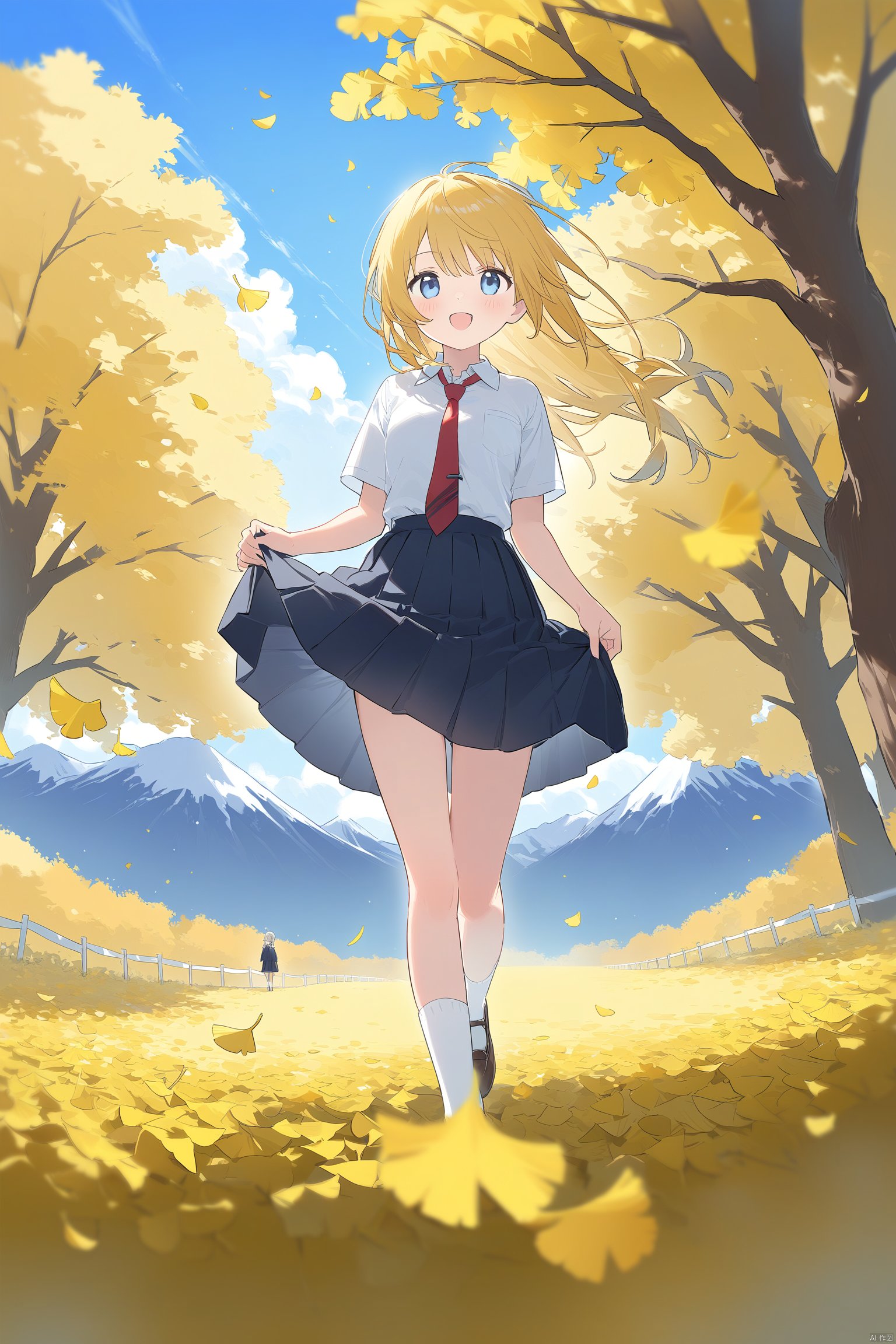 1girl, autumn, autumn_leaves, blue_eyes, blue_sky, blurry, blurry_foreground, cherry_blossoms, clothes_lift, cloud, cloudy_sky, collared_shirt, confetti, curtsey, day, dress_lift, falling_leaves, falling_petals, field, flower, flower_field, ginkgo_leaf, leaf, leaves_in_wind, lifted_by_self, long_hair, looking_at_viewer, mountain, necktie, open_mouth, orange_flower, outdoors, petals, petals_on_liquid, pleated_skirt, red_necktie, rose_petals, school_uniform, shirt, short_sleeve