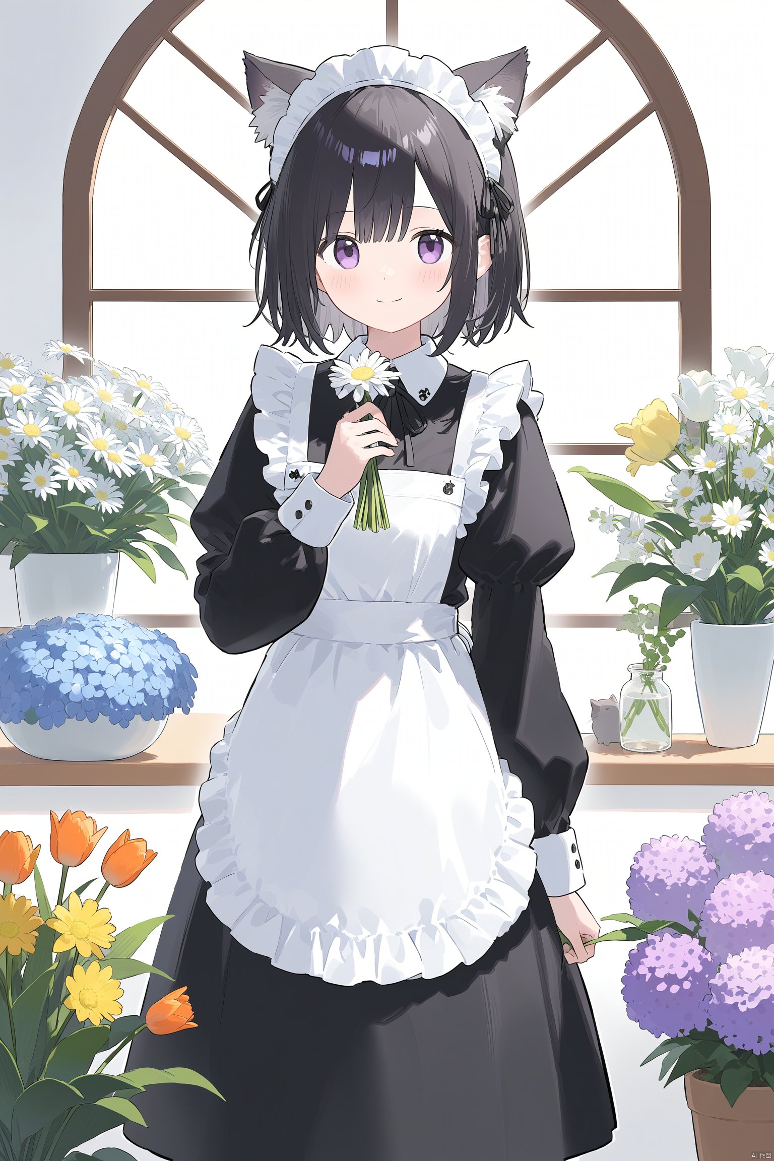 1girl, animal_ear_fluff, animal_ears, apron, bangs, black_flower, black_hair, blue_flower, blush, bouquet, cat_ears, closed_mouth, daisy, door, eyebrows_visible_through_hair, flower, flower_field, hand_on_own_chest, hand_up, holding_bouquet, holding_flower, hydrangea, indoors, juliet_sleeves, lily_\(flower\), long_sleeves, maid, maid_headdress, orange_flower, pink_flower, plant, potted_plant, puffy_sleeves, purple_eyes, purple_flower, red_flower, rose, round_window, shirt, smile, solo, standing, tulip, vase, white_apron, white_flower, white_rose, white_shirt, window, yellow_flower