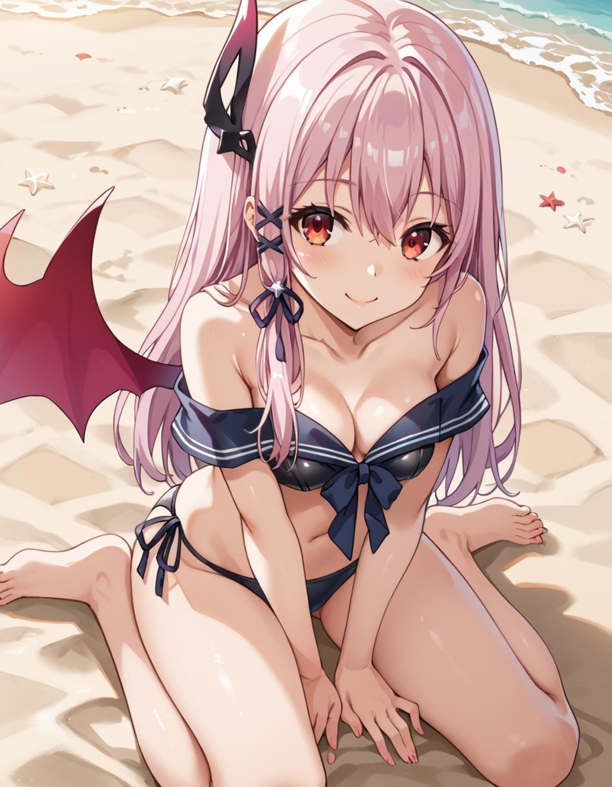 Volumetric Lighting, (masterpiece), (best quality), (ultra-detailed), masterpiece, source_anime, score_9, score_8_up, score_7_up BREAK, light depth, dramatic atmospheric lighting, Volumetric Lighting, Kisara,long hair, pink hair, red eyes BREAK, beach,summer,bikini,off shoulder bikini, dmn single wing, dmn hair ornament,smile,sun,sunny day,looking at viewer,wariza,feet,sitting,from above,hand between thighs