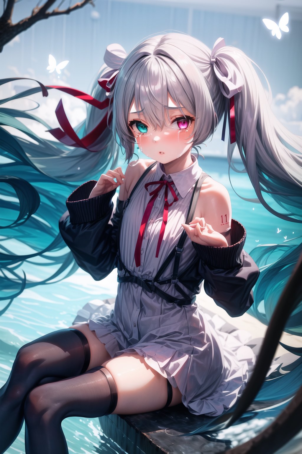 1girl, solo, hatsune_miku, heterochromia, long_hair, twintails, ribbon, harness, bug, butterfly, chest_harness, single_thighhigh, very_long_hair, green_eyes, grey_hair, sitting, looking_at_viewer, long_sleeves, white_dress, dress, red_ribbon, hair_ribbon, thighhighs, neck_ribbon, hand_up, pink_eyes, parted_lips, white_ribbon, blurry, purple_eyes, bangs, hair_between_eyes, black_thighhighs, crying_with_eyes_open, floating_hair,25ji_miku,aqua_eyes,photograph,hyperrealism,masterpiece,8k:1.3