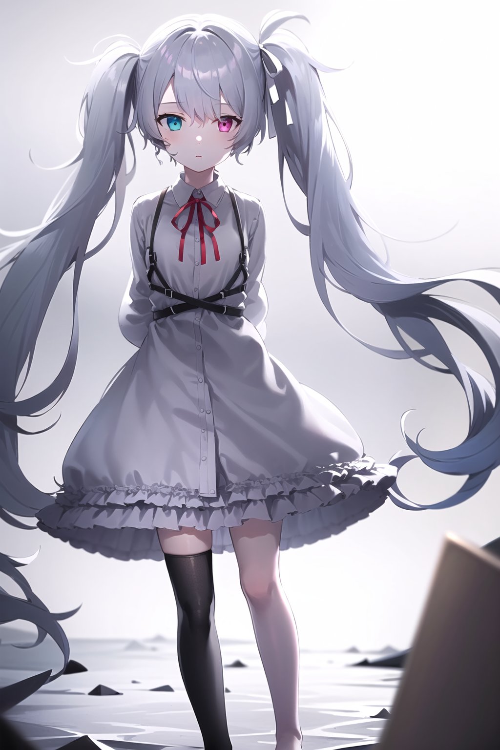 1girl, chest_harness, solo, hatsune_miku, harness, long_hair, heterochromia, thighhighs, twintails, very_long_hair, ribbon, single_thighhigh, neck_ribbon, grey_hair, full_body, looking_at_viewer, pink_eyes, arms_behind_back, black_thighhighs, skirt, grey_skirt, red_ribbon, standing, shirt, barefoot, long_sleeves, expressionless, frills, bangs, aqua_eyes, white_shirt, white_ribbon, dress,25ji_miku,pink_eyes