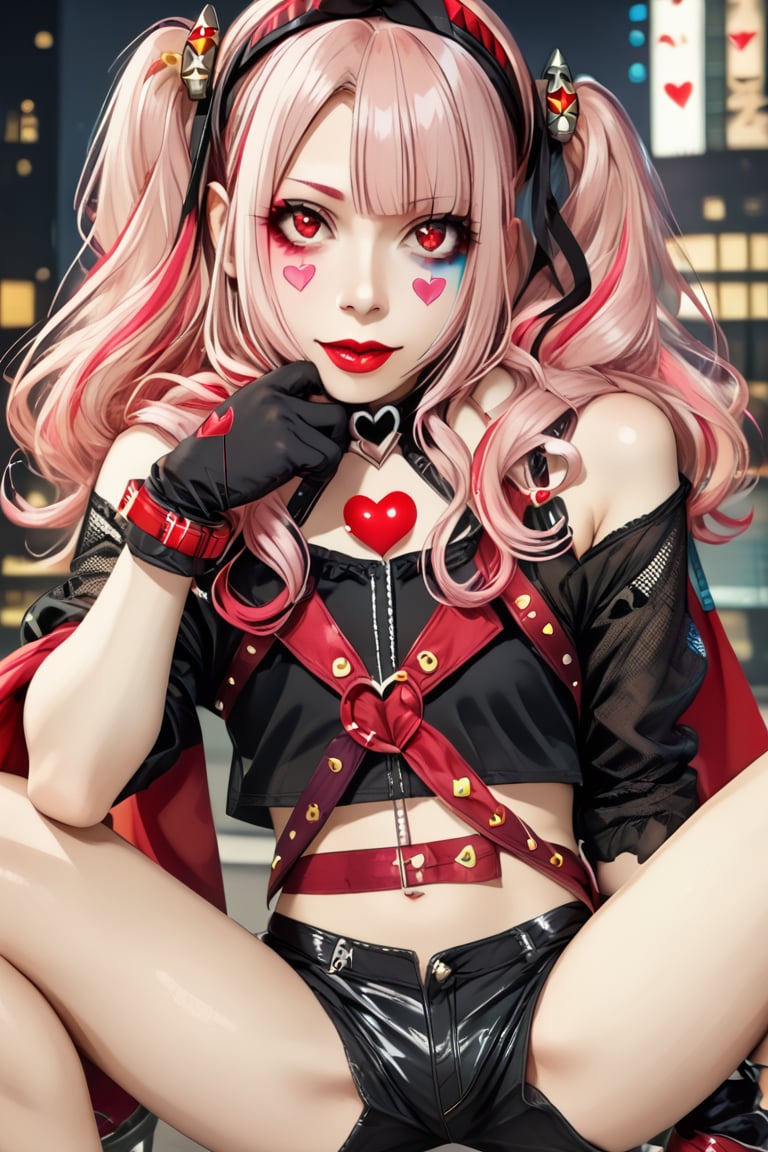 kylyn, two-tone hair, pink hair, red hair, pigtail hair, black headband, red lipstick, heart on the face, black shirt, showing the shoulders, showing the stomach, black gloves, black shorts, red scarf around the waist,sdxl-hippyramid,back view,top-down_bottom-up wide spread legs