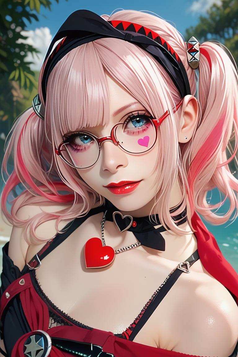 score_9,score_8_up,score_7_up,score_6_up,1girl, short hair, black hair, glasses, blue eyes, striped bikini,kylyn, two-tone hair, pink hair, red hair, pigtail hair, black headband, red lipstick, heart on the face, black shirt, showing the shoulders, showing the stomach, black gloves, black shorts, red scarf around the waist