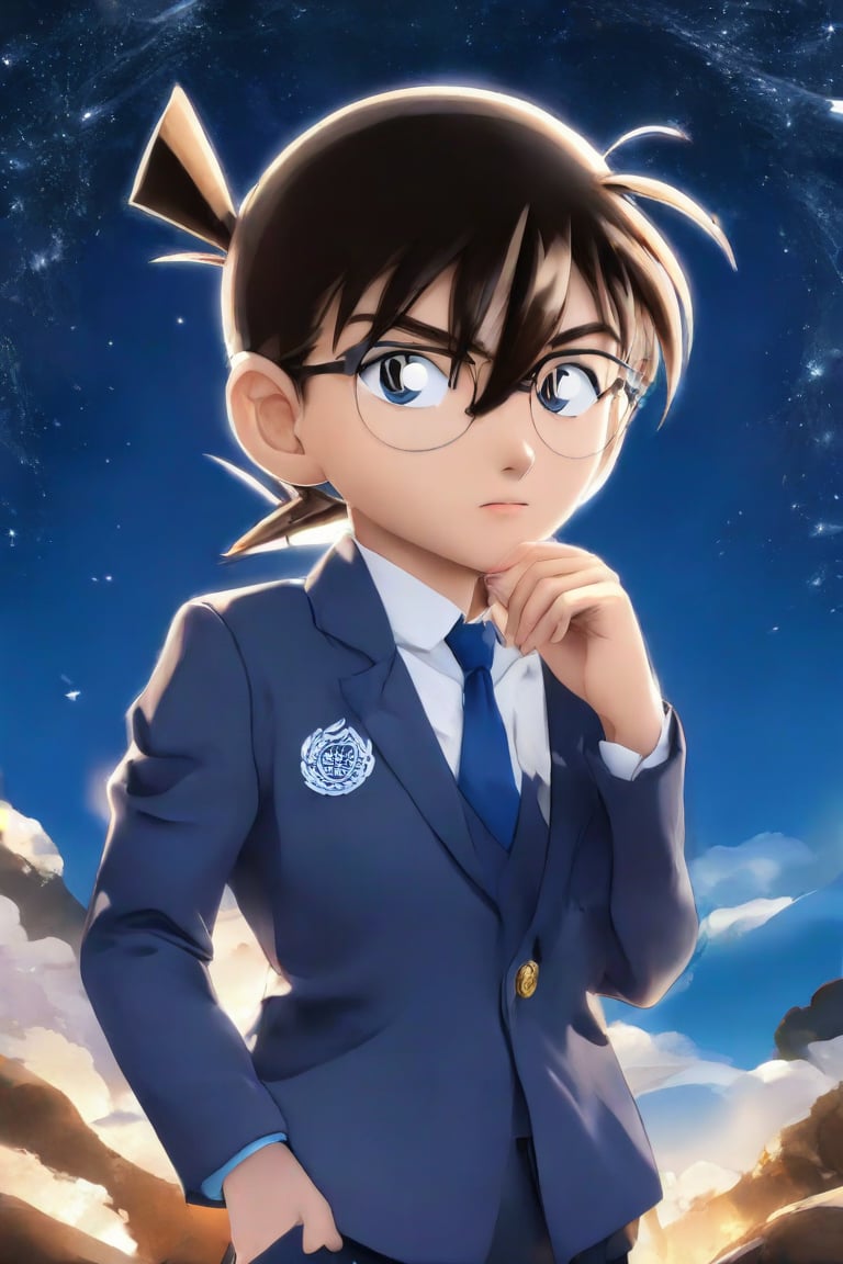 Masterpiece , high quality, 1 boy is Detective conan, is thinking very seriously about a crime case, ,Conan,Supreme