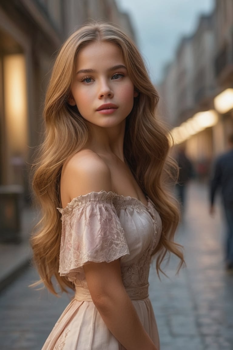 1 woman , 34 year-old, Beautifull, white skin, Alone,with a subtle rosy glow on her cheeks, and carries herself with an air of elegance and poise,Despite her elegant demeanor, there is an underlying force in his gaze.Posing city streets in the evening breeze.,Full body, (best quality, 4K, 8K, high-resolution, masterpiece), ultra-detailed, realistic, photorealistic, intricate design, vibrant colors, detailed facial expression, otherworldly appearance, glowing elements, complex patterns, high contrast, dynamic lighting, cinematic composition, high detail, high resolution.
more detail XL,Rebecca