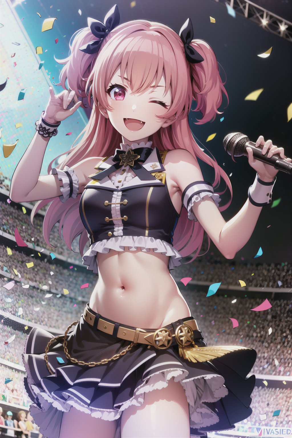 1girl, microphone, pink_hair, one_eye_closed, idol, holding_microphone, solo, smile, skirt, open_mouth, long_hair, holding, navel, stage, fang, pink_eyes, confetti, two_side_up, looking_at_viewer, midriff, ;d, v, belt, bow, clover, frills, hair_bow, stage_lights, bangs,airi_momoi