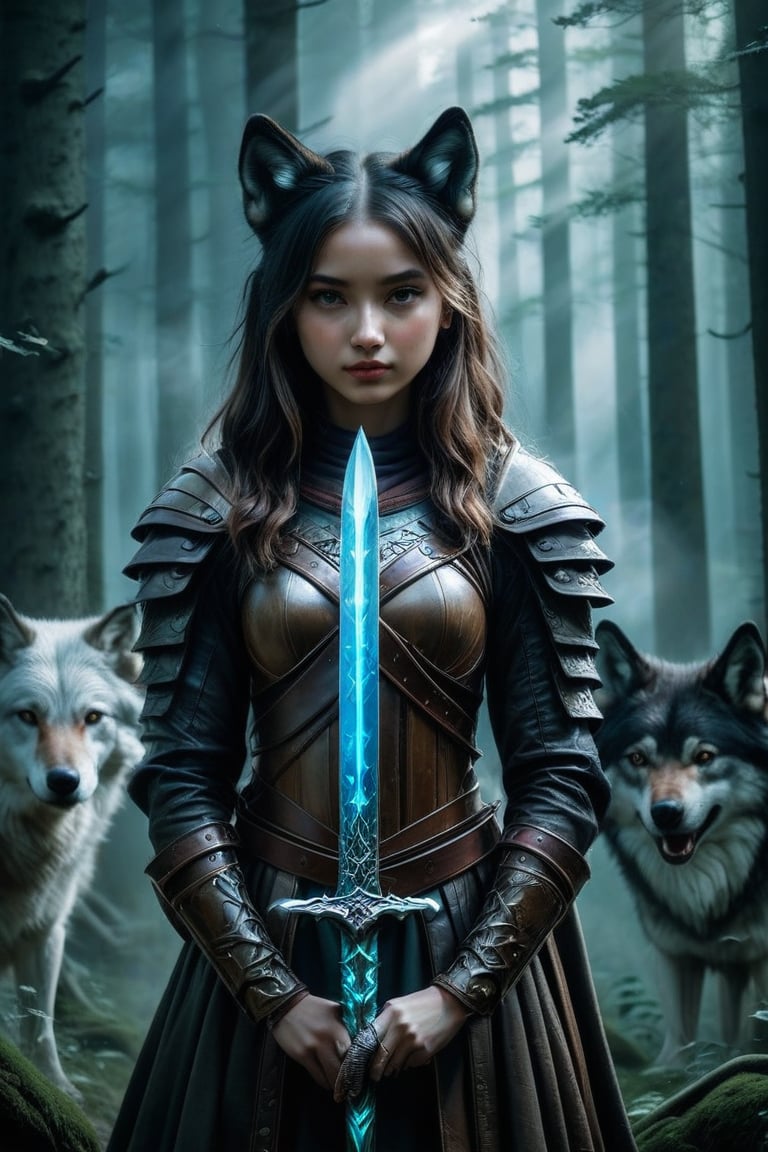 A brave girl in leather armor, holding a glowing sword with both hands, her upper body framed against the misty backdrop of an enchanted forest, with a fierce wolf beside her