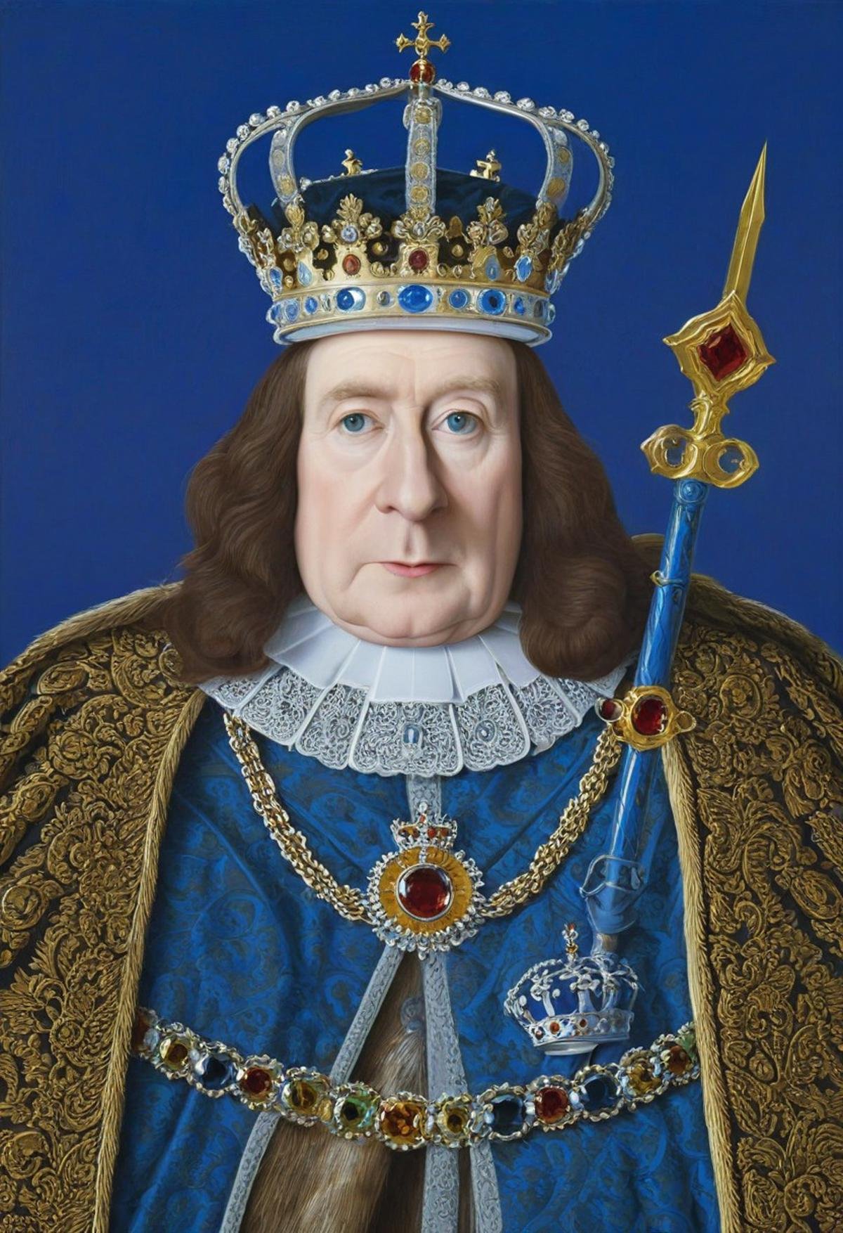 mwilks,  a detailed close-up painting of a king Charles III,  adorned in a crown and scepter wearing a royal attire. the b...